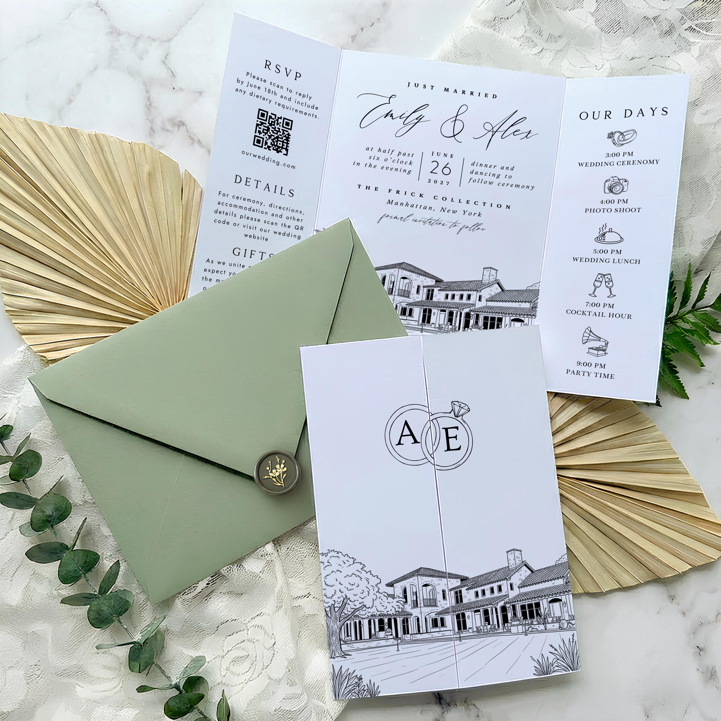Custom Venue Lineart Invitation Suite | Editable Modern Wedding Invite Canva Template, Wedding Stationery Bundle