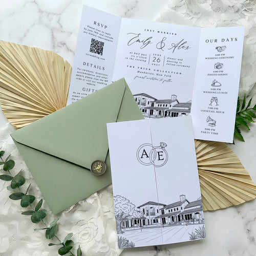 Custom Venue Lineart Invitation Suite | Editable Modern Wedding Invite Canva Template, Wedding Stationery Bundle