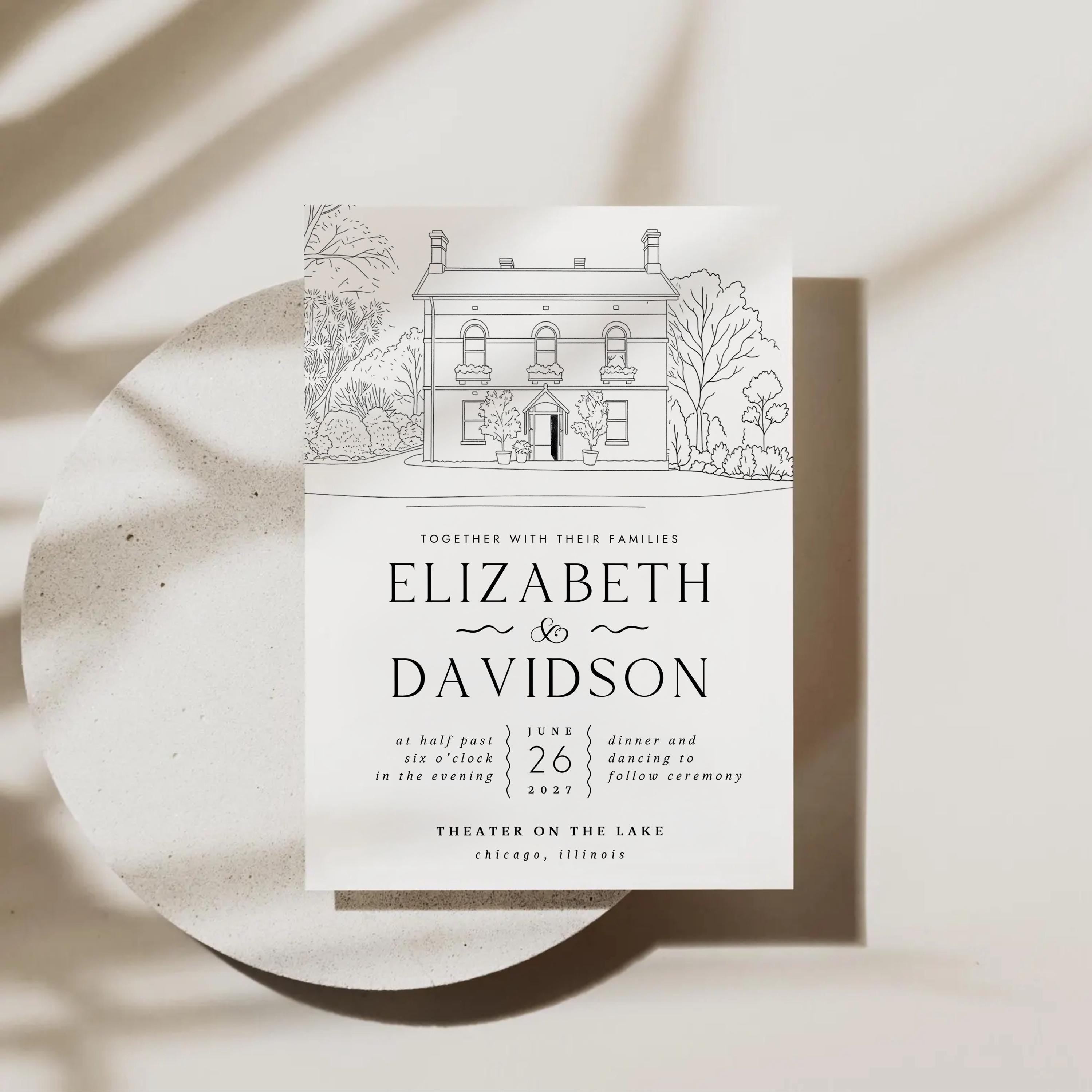 Wedding Venue Line Art Invitation: Custom Venue Sketch (Canva Template, Digital Download)
