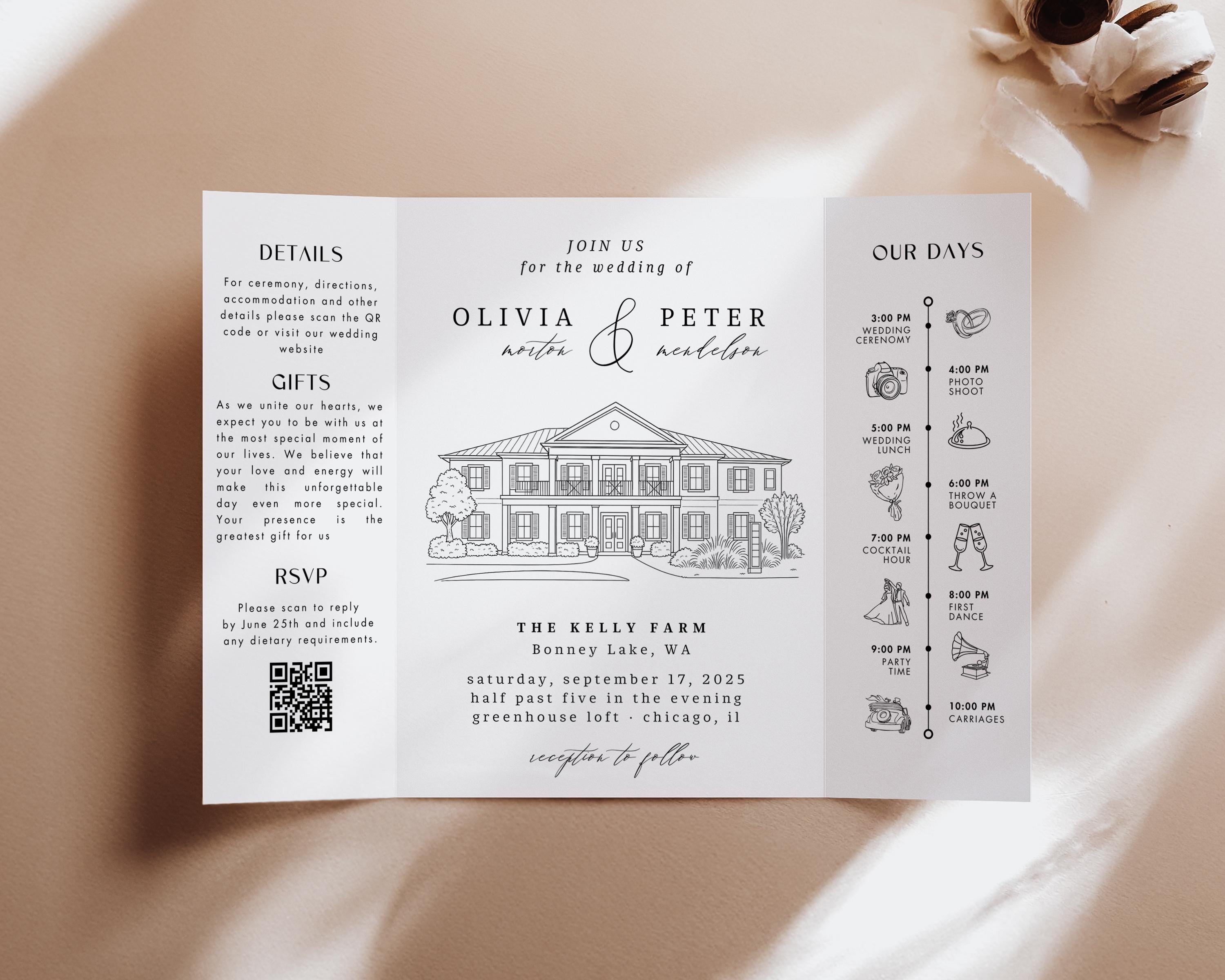 Custom Wedding Venue Illustration Invitation: Line Drawing Gatefold Template  Canva Edit)