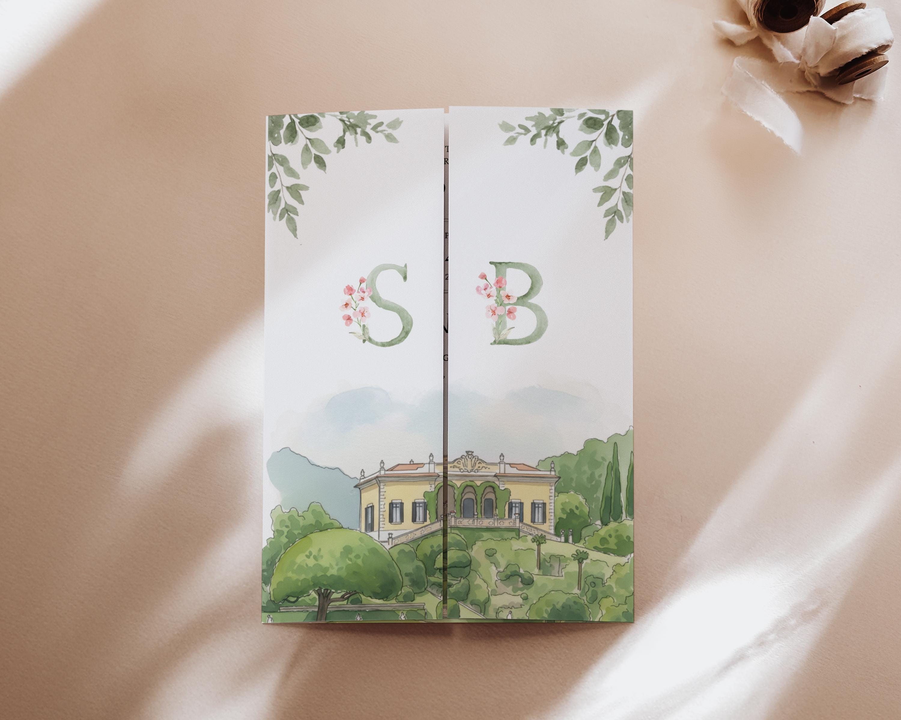 Custom Watercolor Venue Wedding Invitation, Editable Canva Gatefold Invite Template