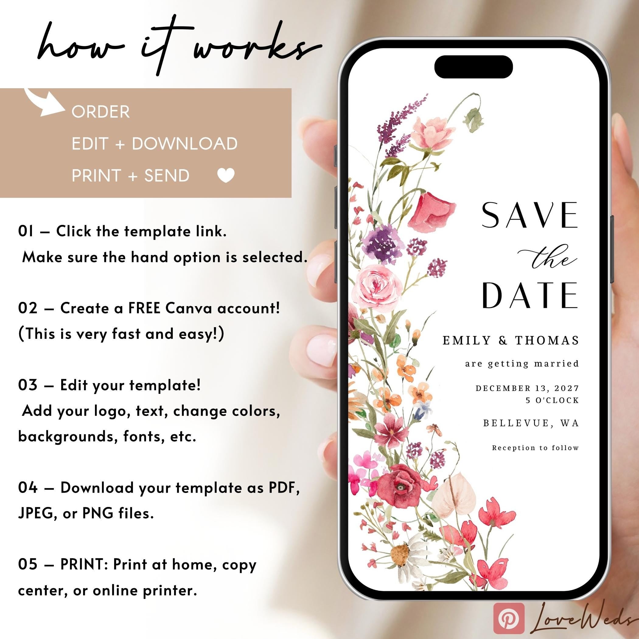 Wildflower Save the Date Template: Boho Floral Mobile Invite (Digital)