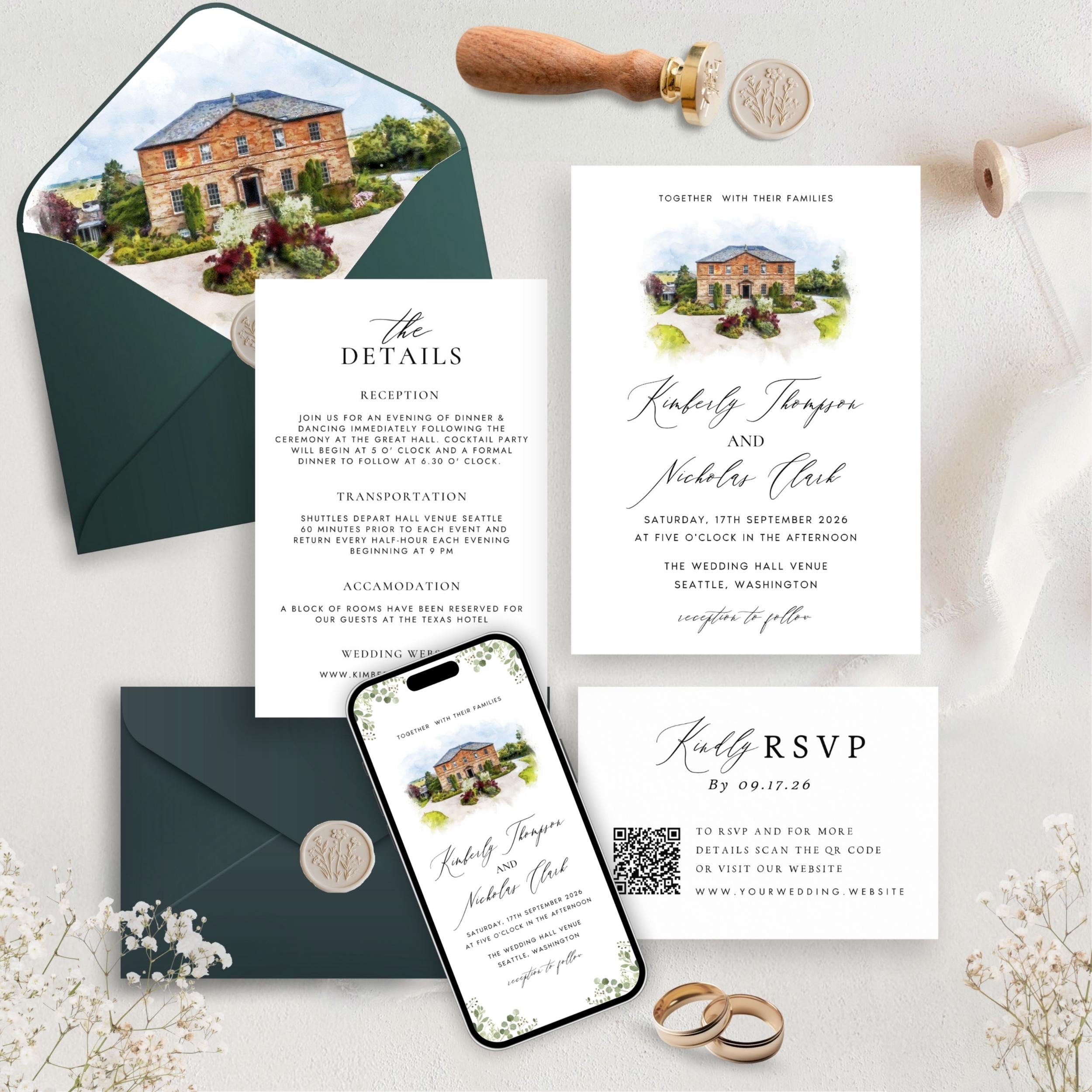 Custom Watercolor Venue Wedding Invitation | Printable Wedding Stationery Bundle | Editable Canva Template