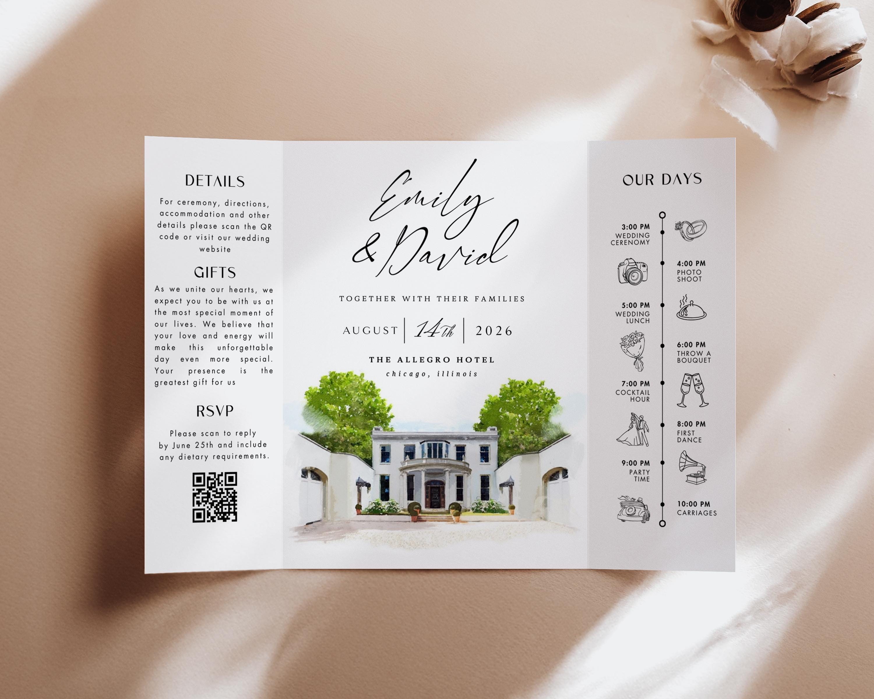 Watercolor Venue Wedding Invitation, Editable Gatefold Canva Template, Custom Invite