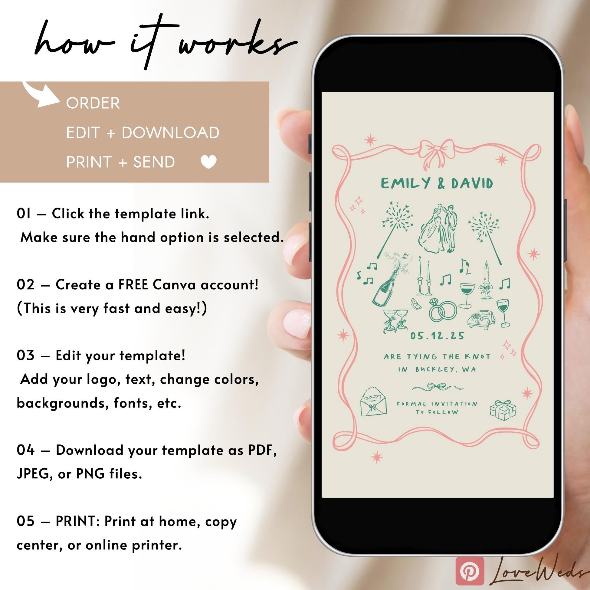 Hand-Drawn Wedding Invitation Template: Electronic Party Invite (Canva Template)