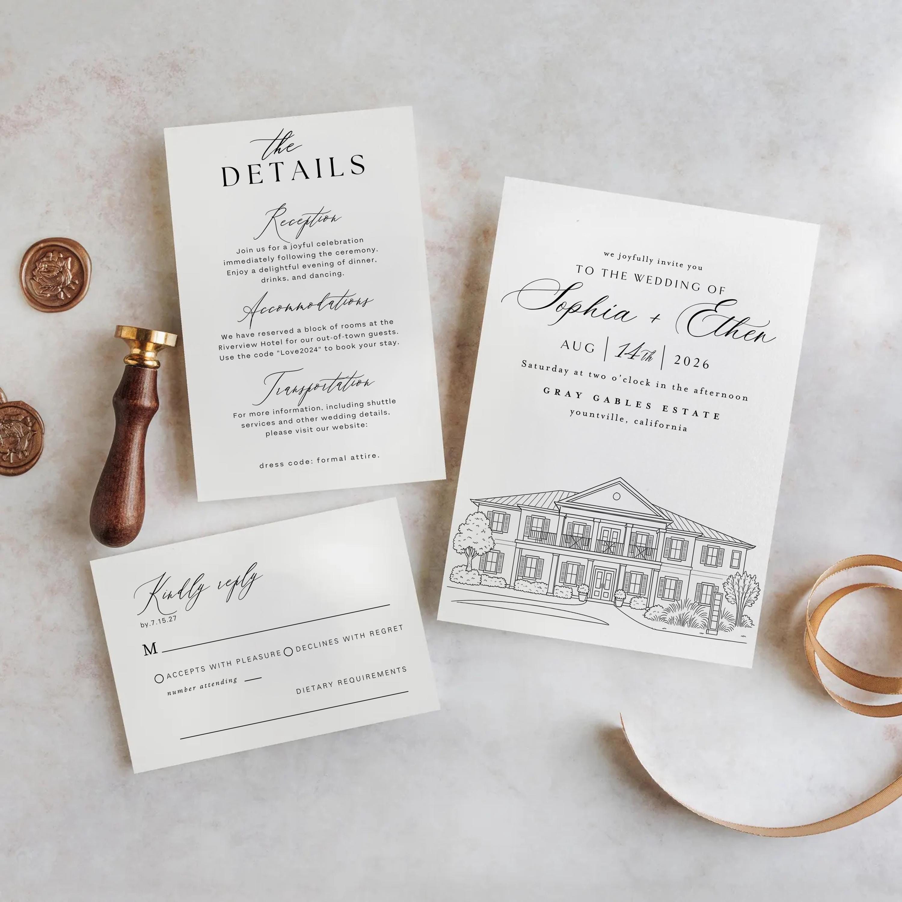 Venue Illustration Wedding Invitation: Editable Template (Canva)