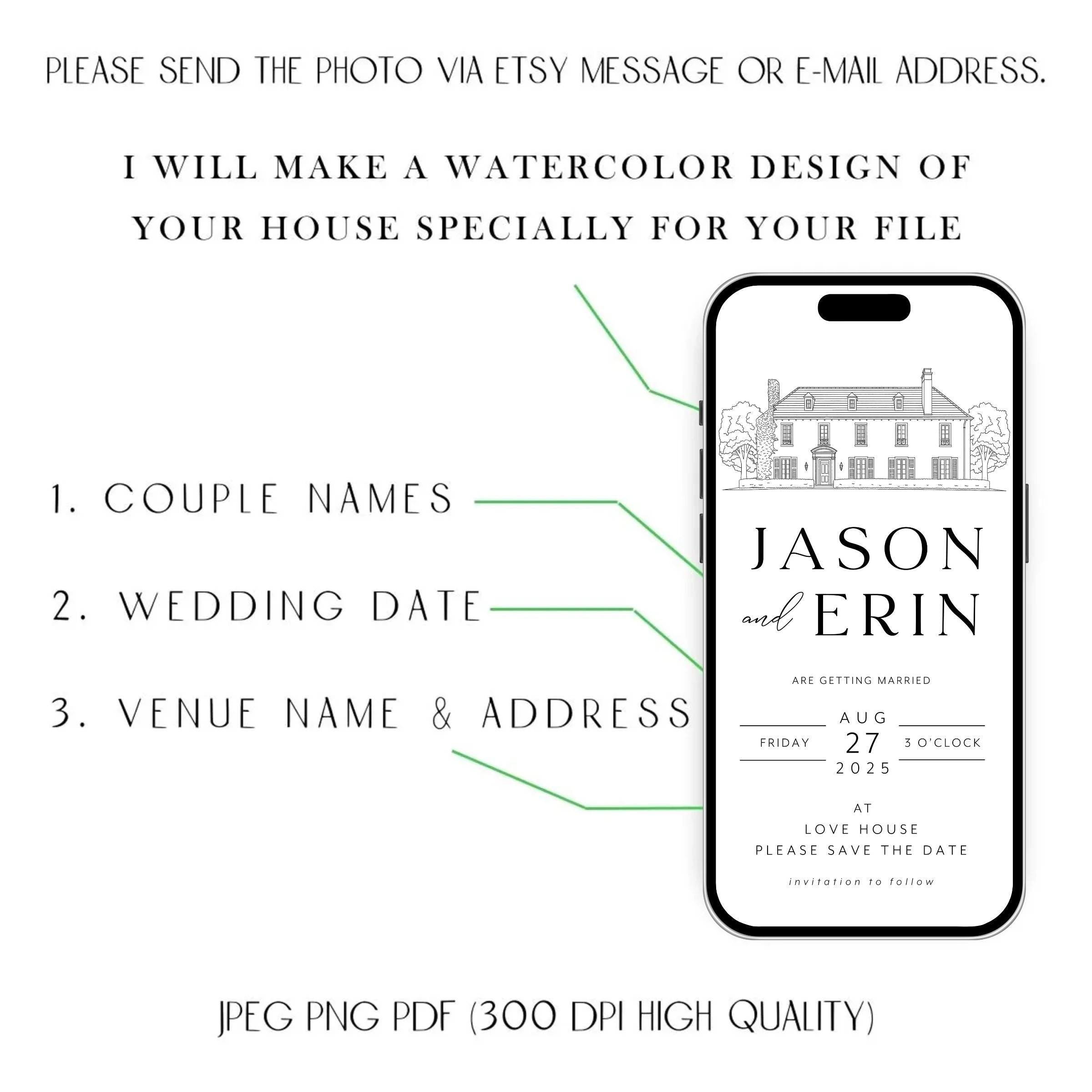 Venue Sketch Save the Date: Digital Wedding Invitation (JPEG, PNG, PDF