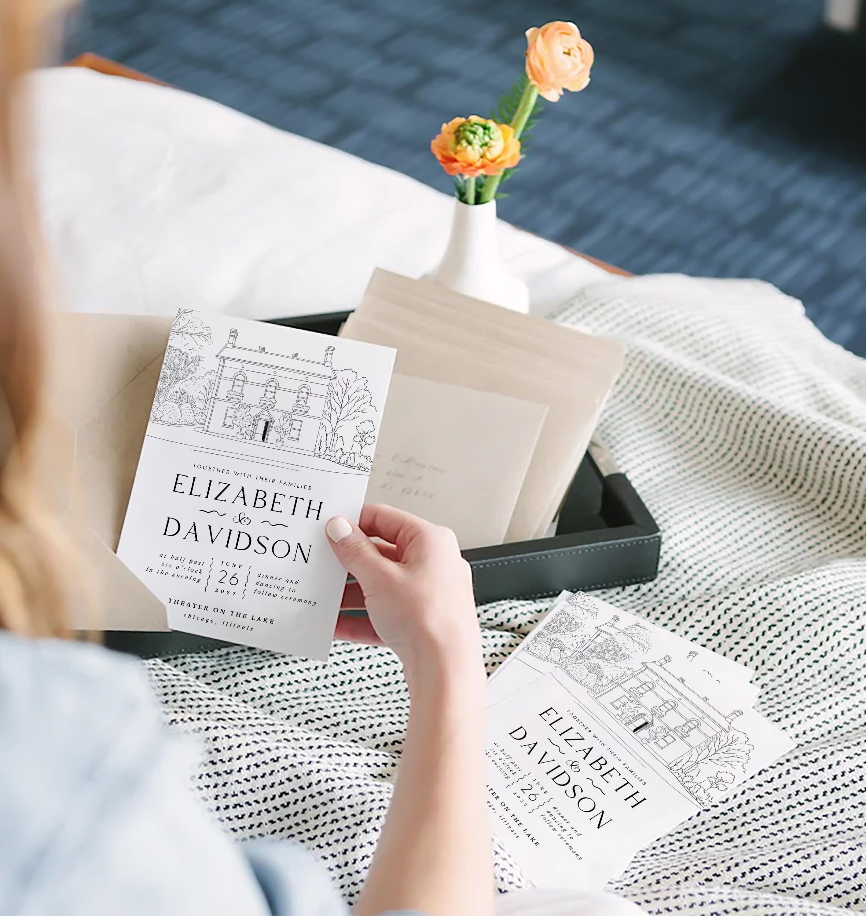 Wedding Venue Line Art Invitation: Custom Venue Sketch (Canva Template, Digital Download)