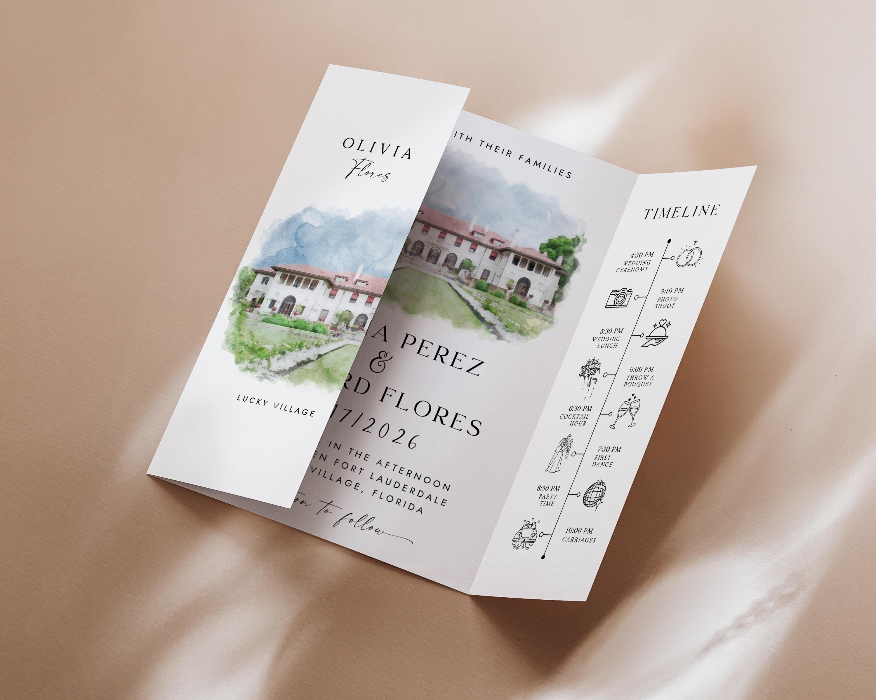 Personalized Watercolor Venue Wedding Invitation | Editable Canva Gatefold Invite | Custom Wedding Template