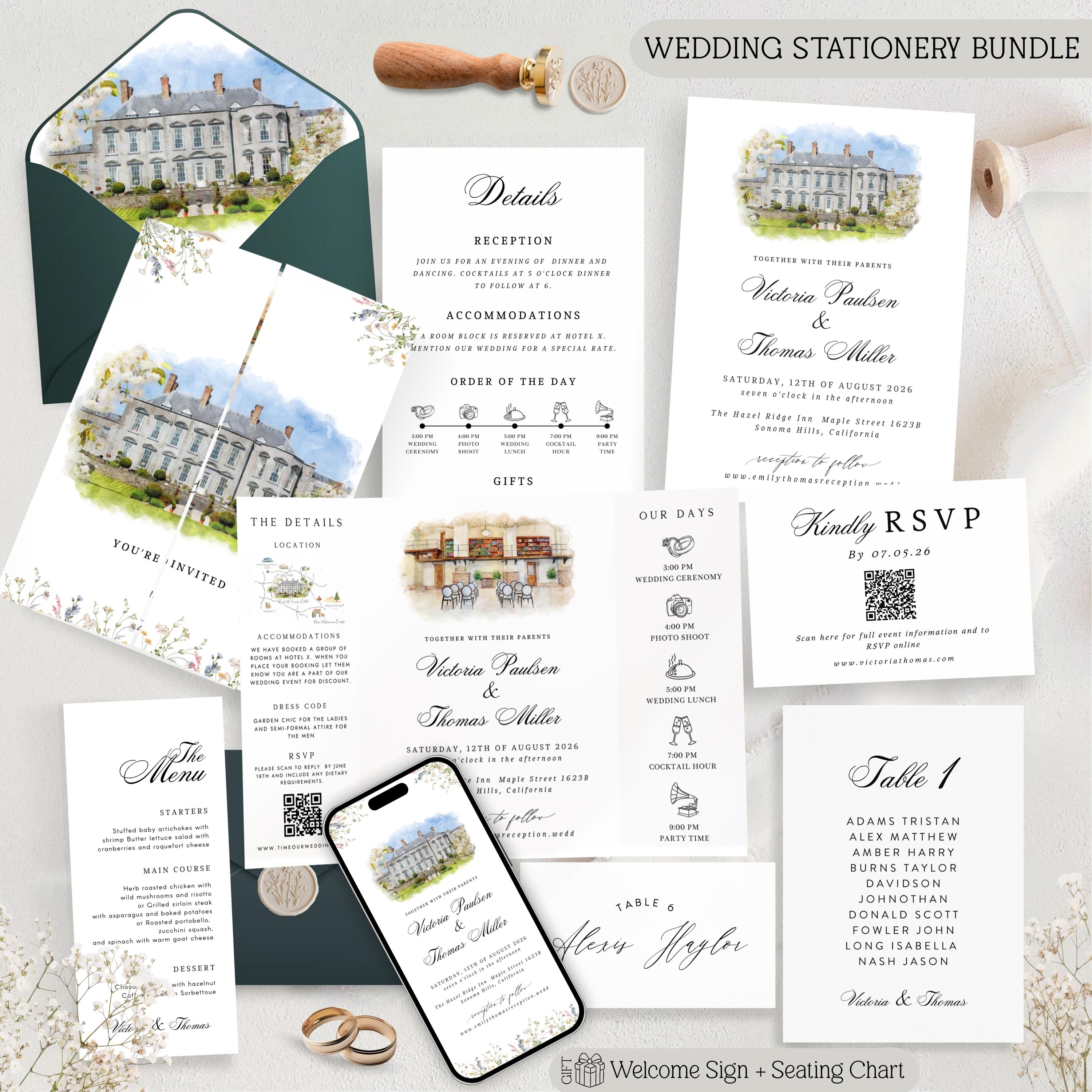 Custom Watercolor Venue Wedding Invitation Suite | Modern Invite set | Editable Canva Template