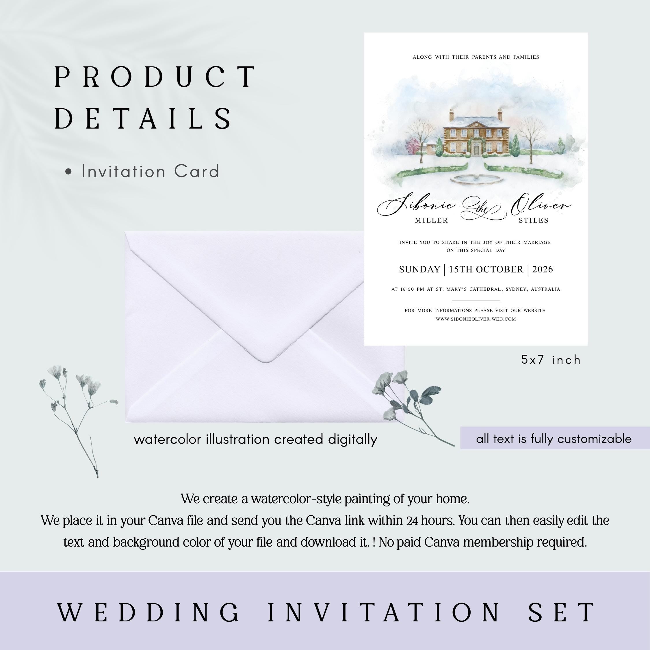 Watercolor Wedding Venue Invitations | Custom Venue digital, Modern Illustration Invite, Editable Canva Template