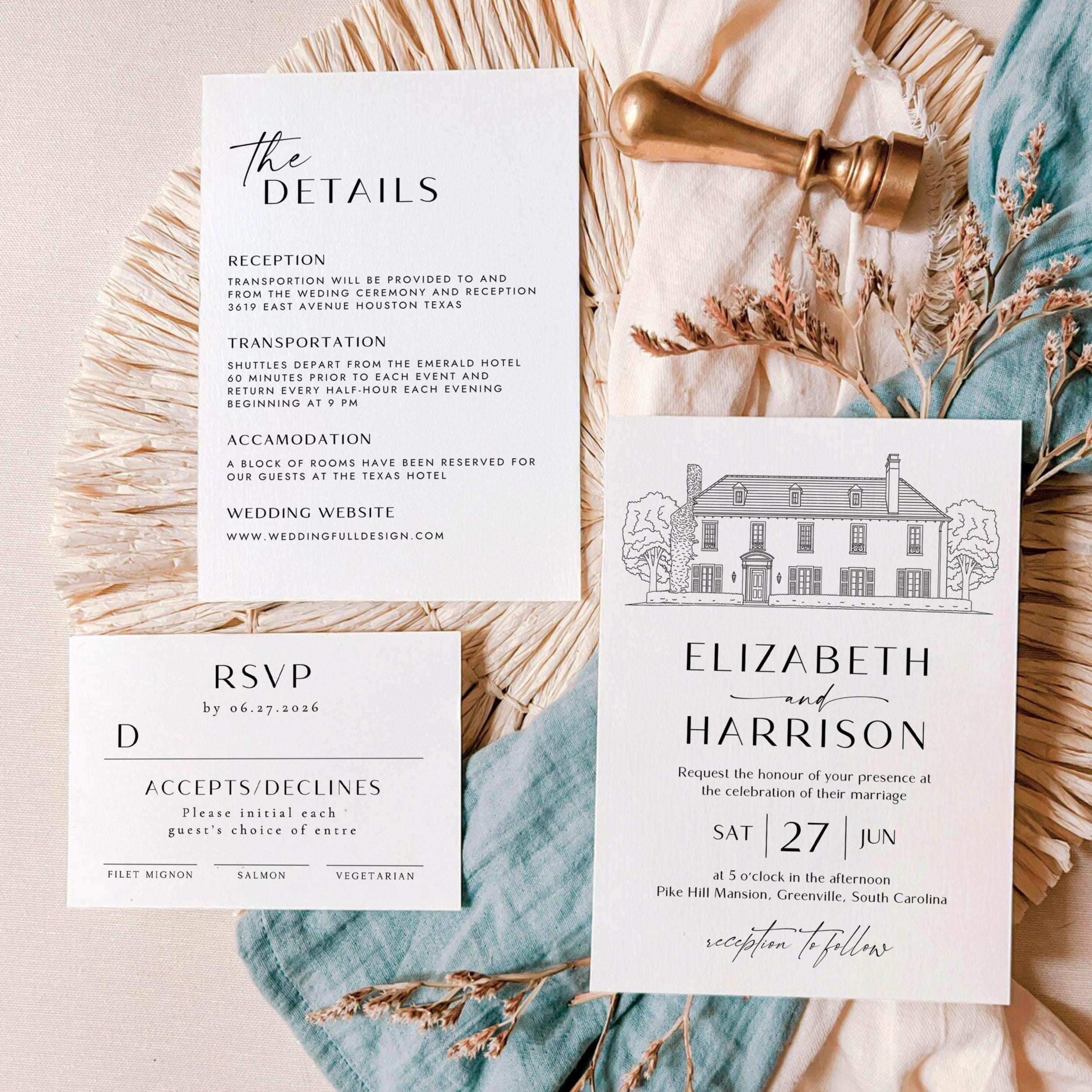 Custom Venue Line Art Wedding Invitation Template (DIY Canva Edit, Digital Download)