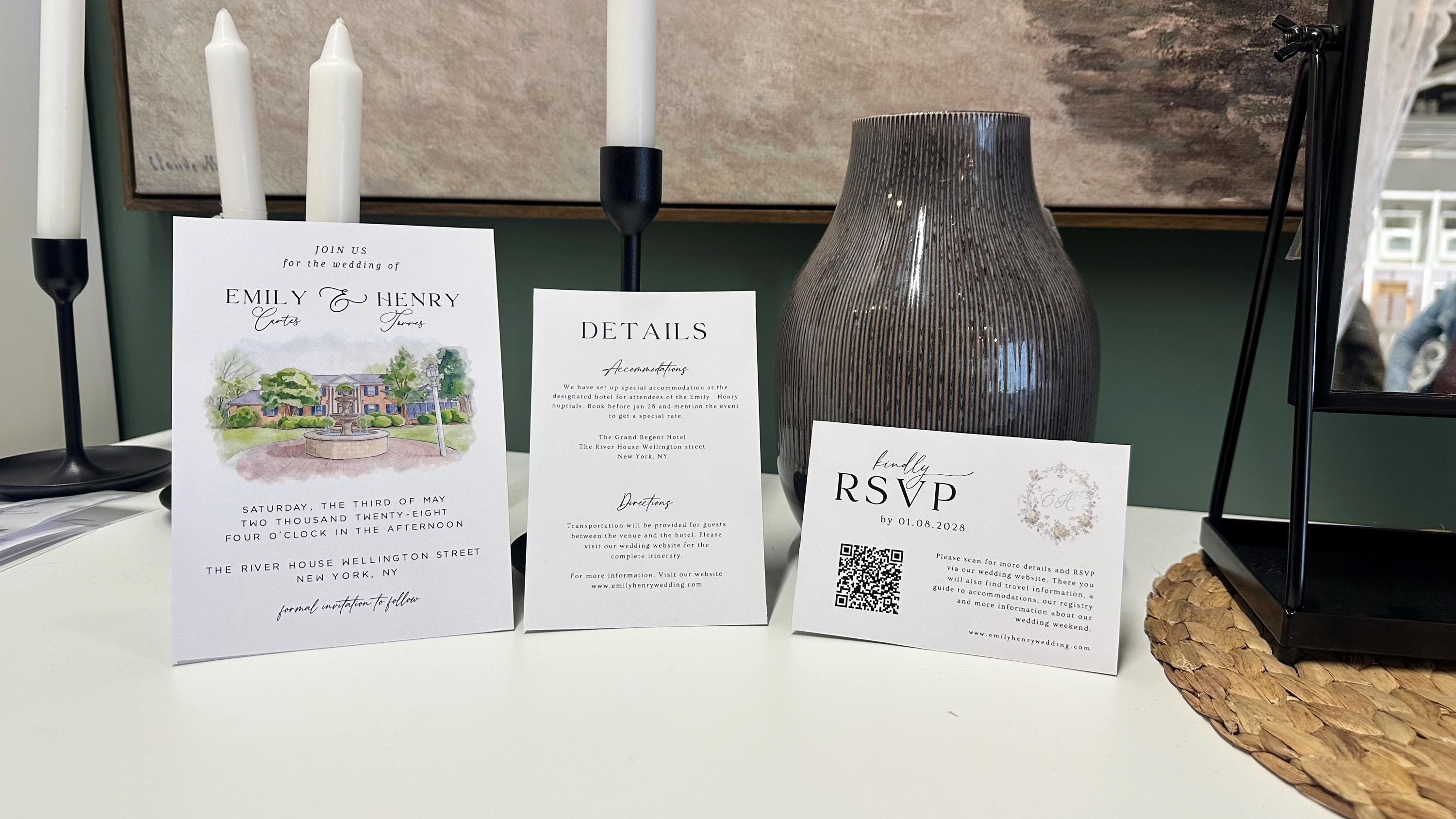 Watercolor Venue Arch Wedding Invitation Set Template, Illustrations Invite Editable Canva Template,