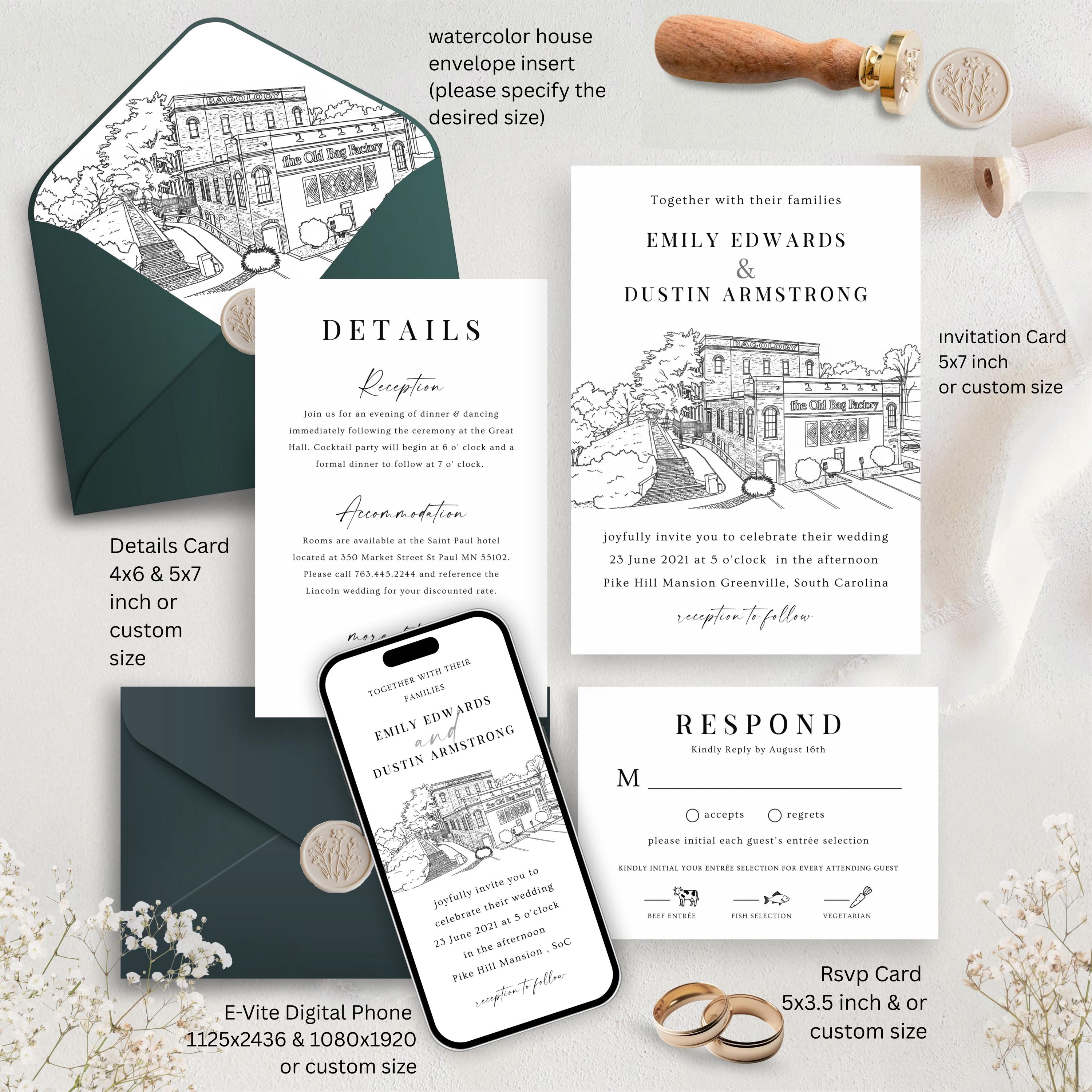 Personalized Wedding Venue Sketch Invitation Suite, Fully Editable DIY Canva Template, Wedding Stationery Bundle