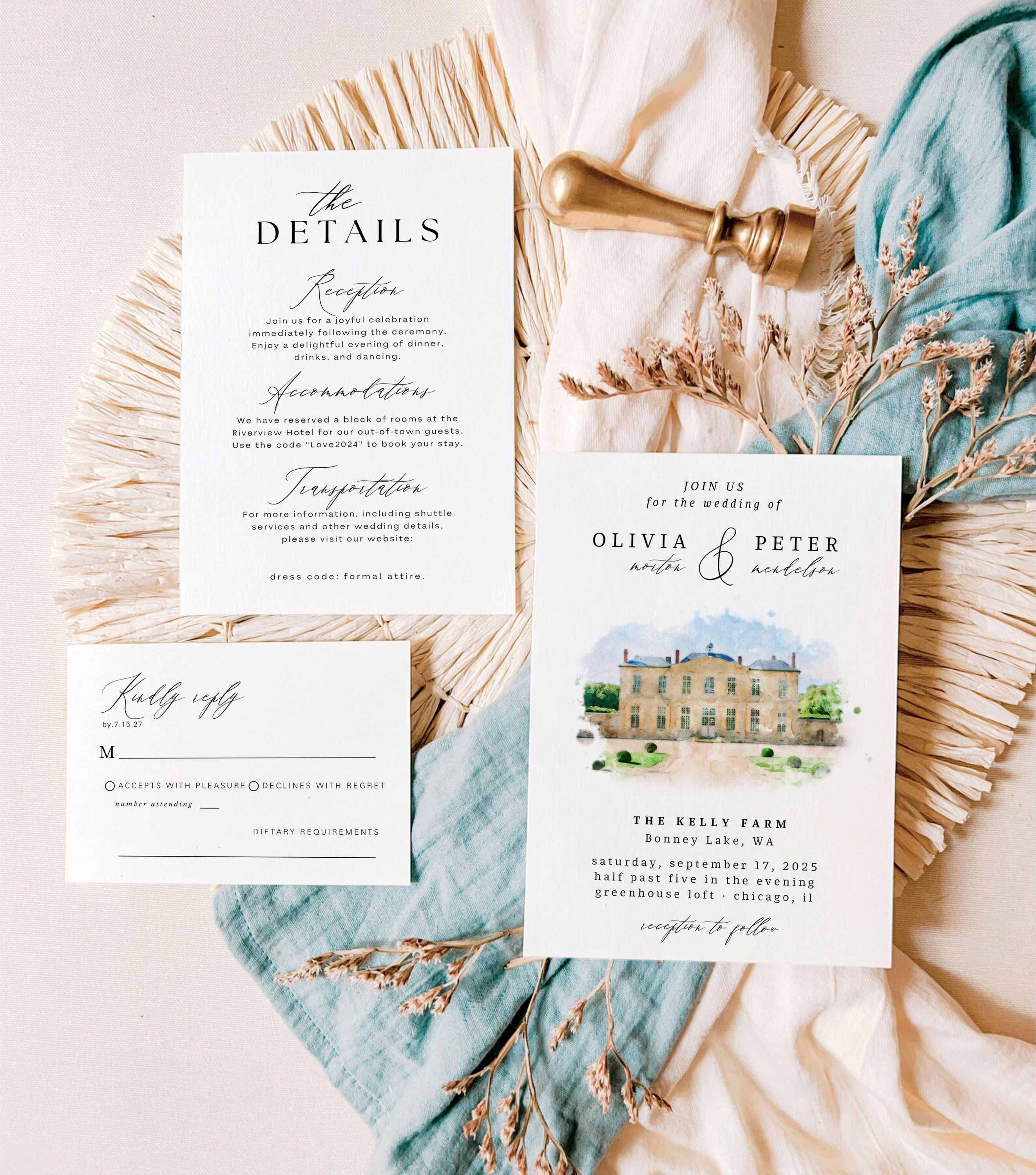 Custom Watercolor Venue Wedding Invitation Template (Digital)