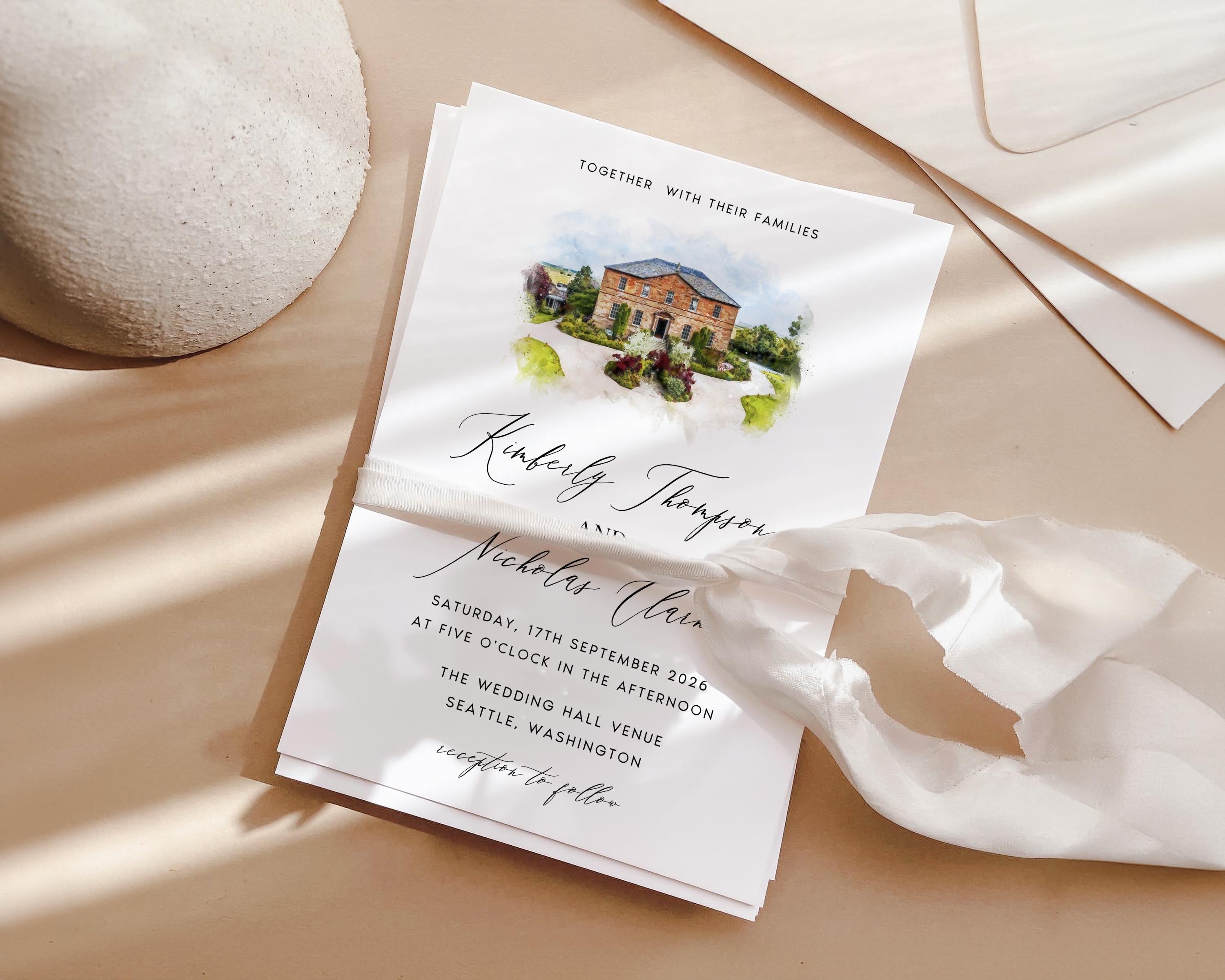 Personalized Watercolor Venue Wedding Invitation | Editable Canva Custom Gatefold Invite | Modern Wedding Template