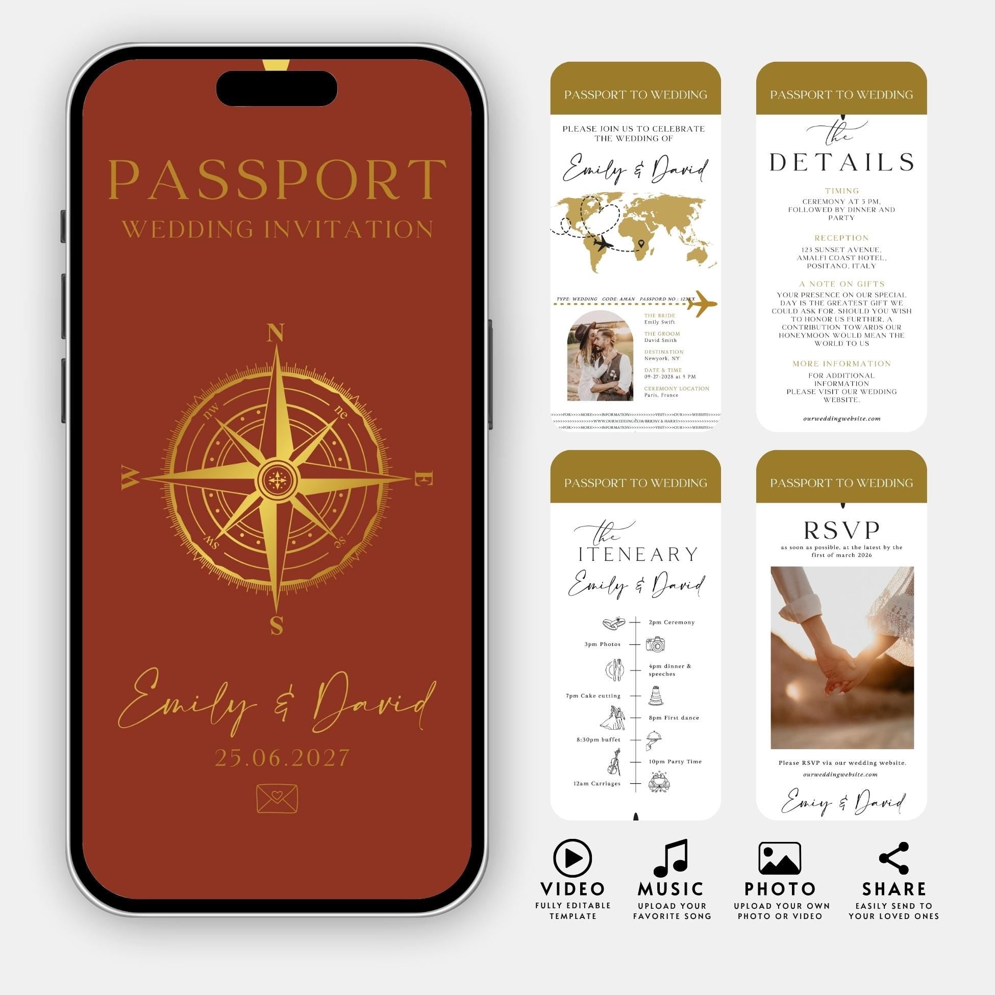 Animated Passport Wedding Invitation Template, Destination Invite (Canva Template)