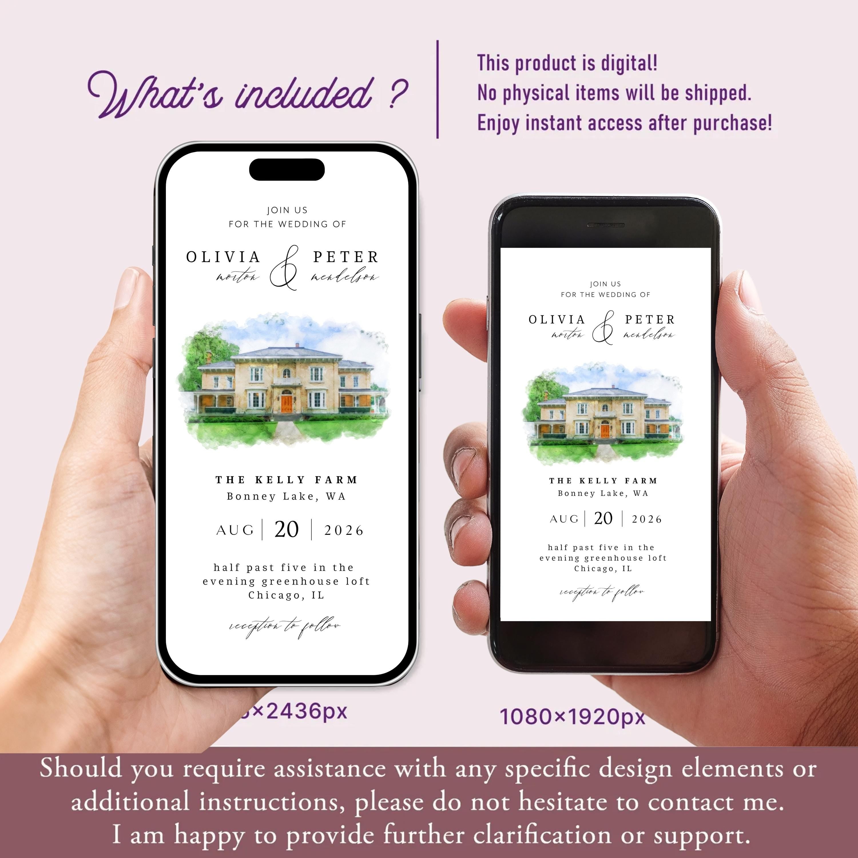 Digital Venue Sketch Save the Date: Watercolor Wedding E-vite (JPEG, PNG, PDF