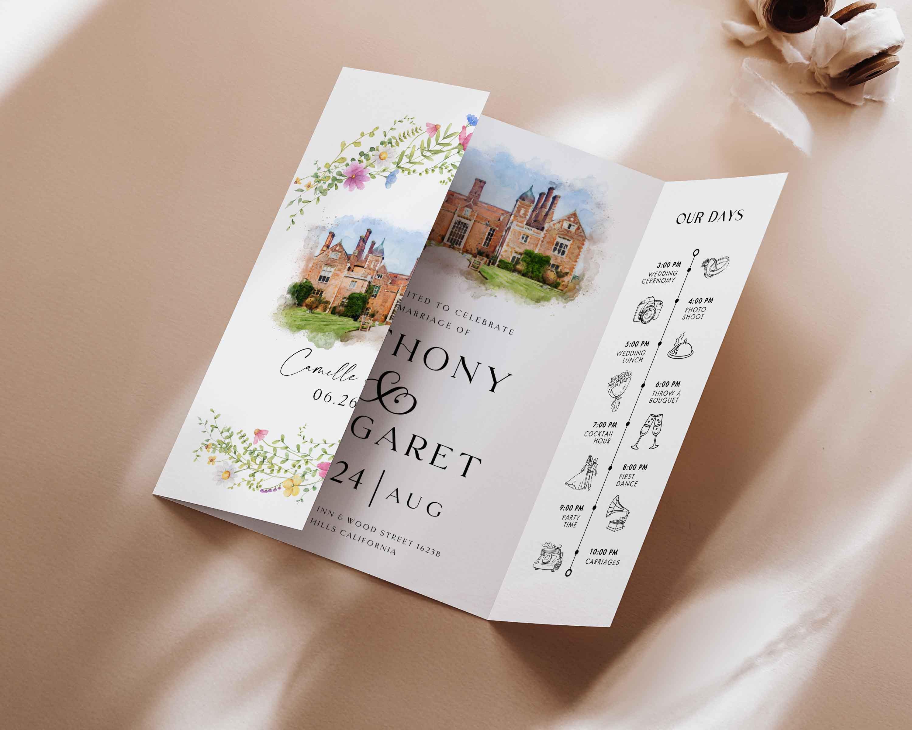 Watercolor Venue Wedding Invitation, Editable Gatefold Canva Template, Custom Invite