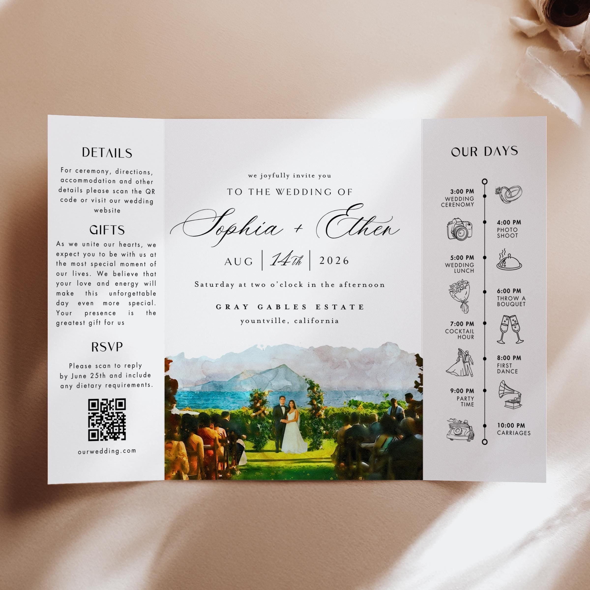 Modern Watercolor Venue Wedding Invitation, Gatefold Canva Template, Custom Editable Invite