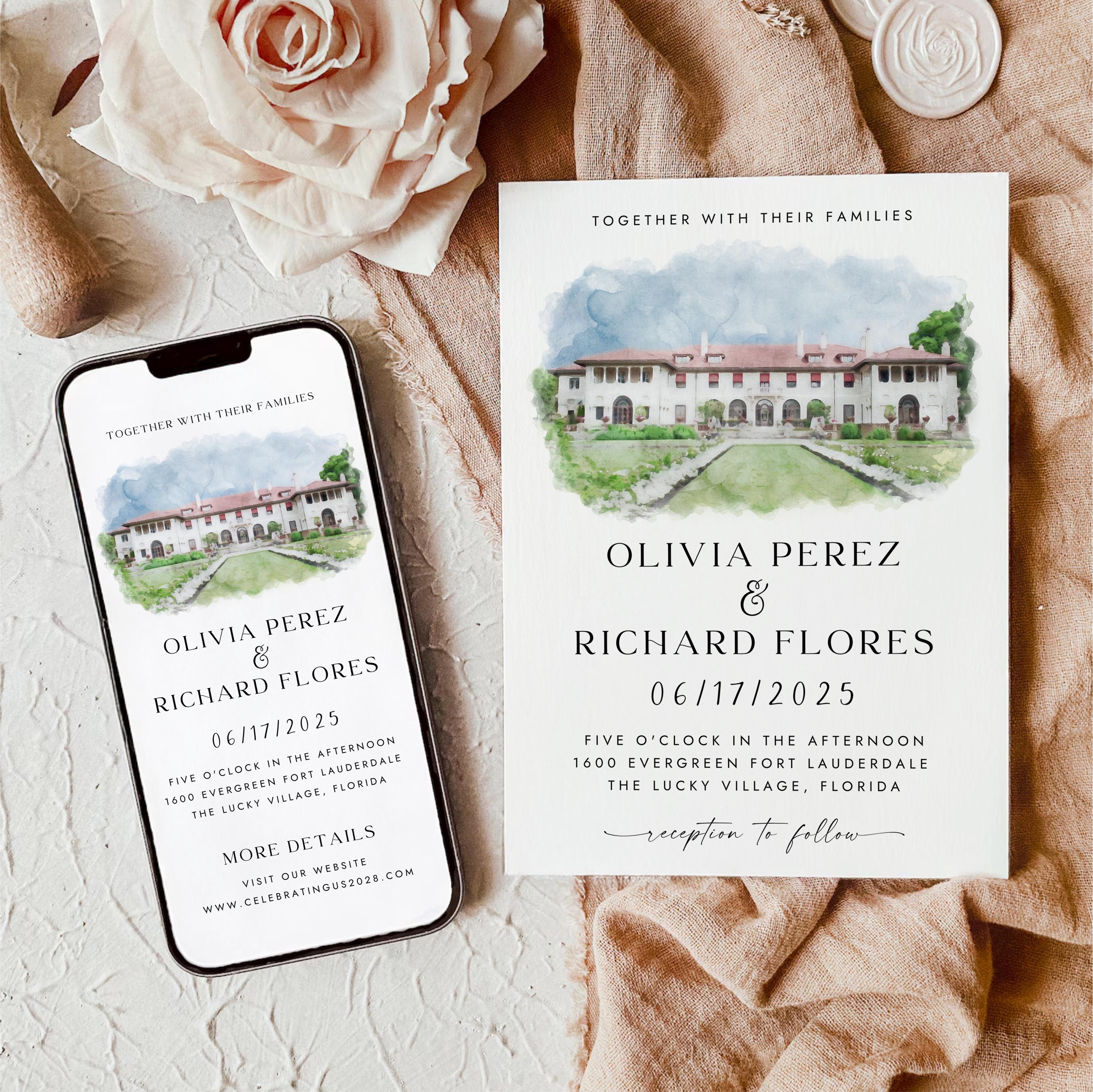 Custom Watercolor Venue Wedding Invitation Set | Modern Invite Template | Editable Canva DIY Template