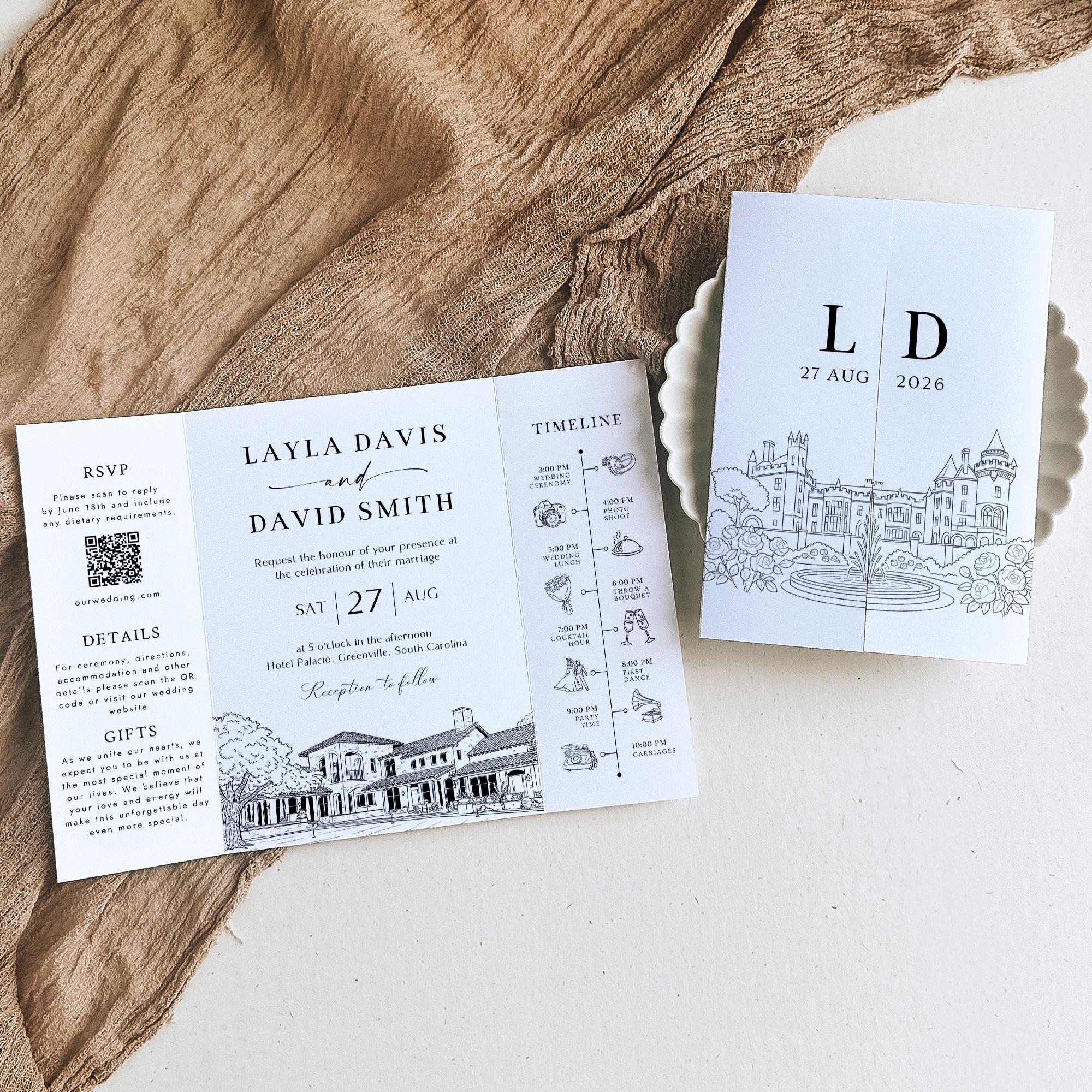 Wedding Venue Sketch Gatefold Invitation | Fully Editable Invitation Canva Template | Illustration