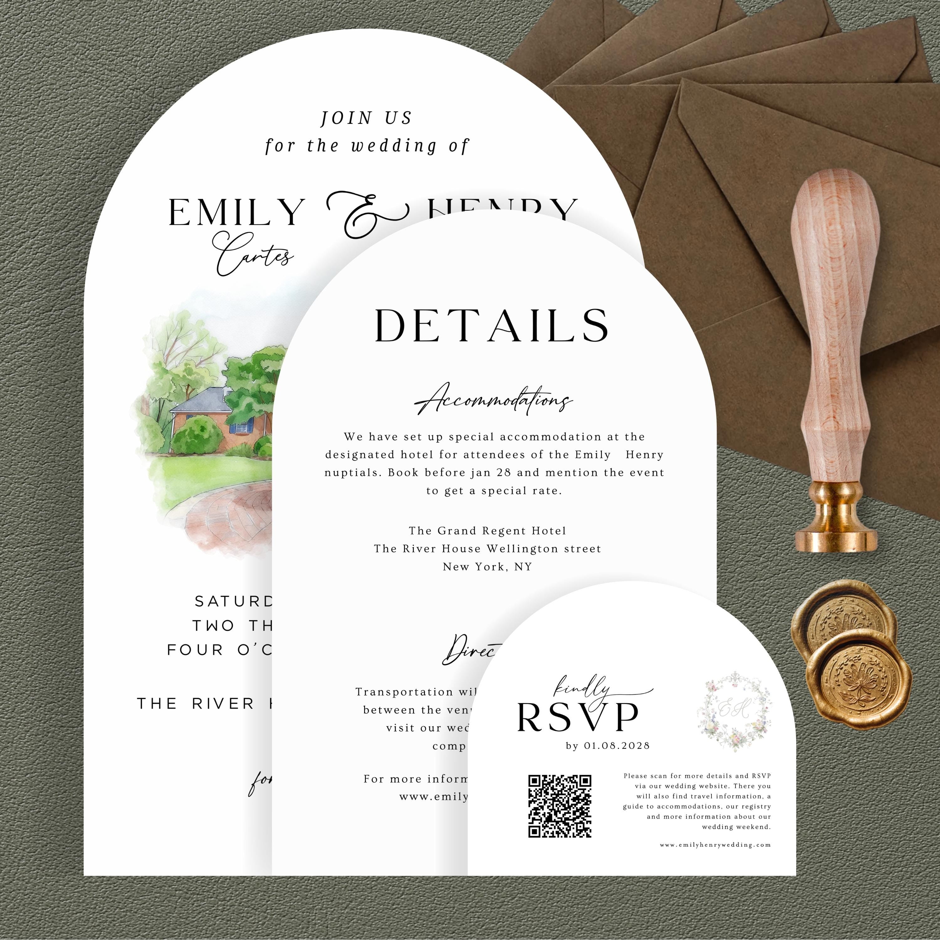 Custom Watercolor Venue Arch Wedding Invitation Template, Illustrations Invite Editable Canva Template,