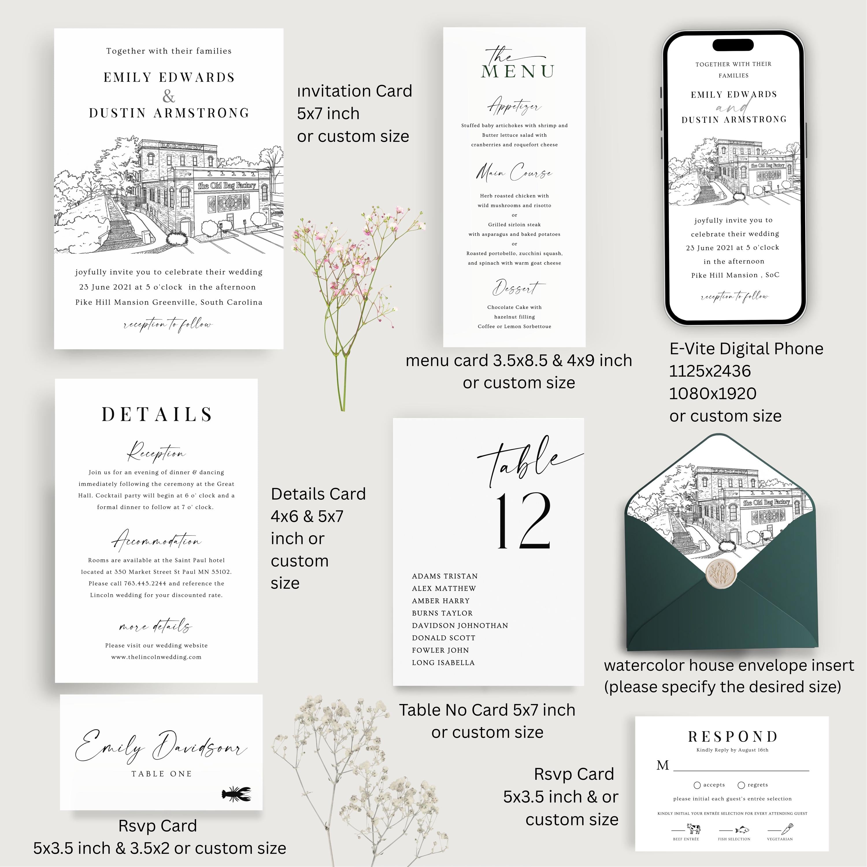Custom Wedding Venue Lineart Invitation Bundle | Modern Wedding Sketch Illustration Invite | Editable Canva Template