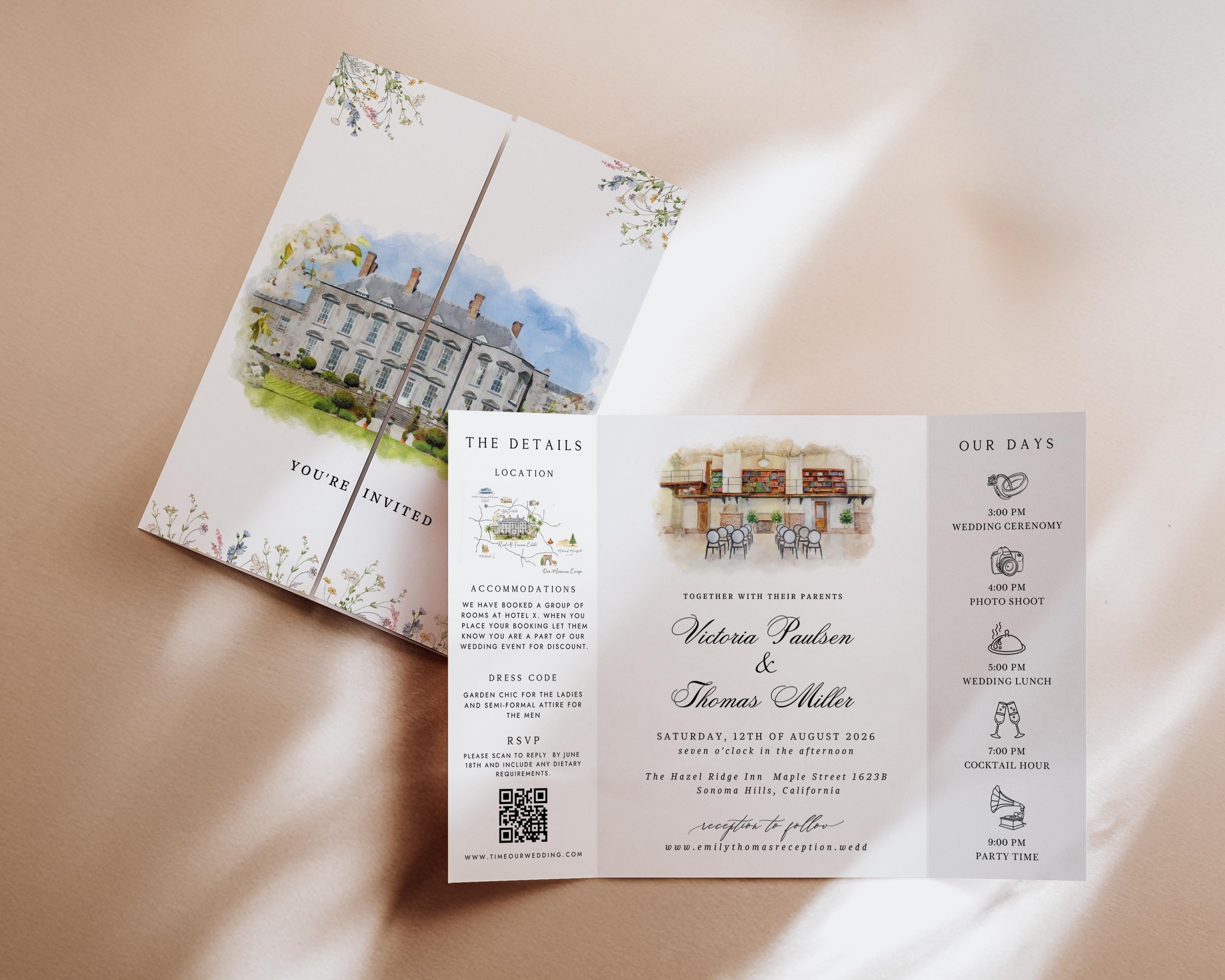 Personalized Watercolor Venue Wedding Invitation | Editable Canva Gatefold Invite | Custom Wedding Template