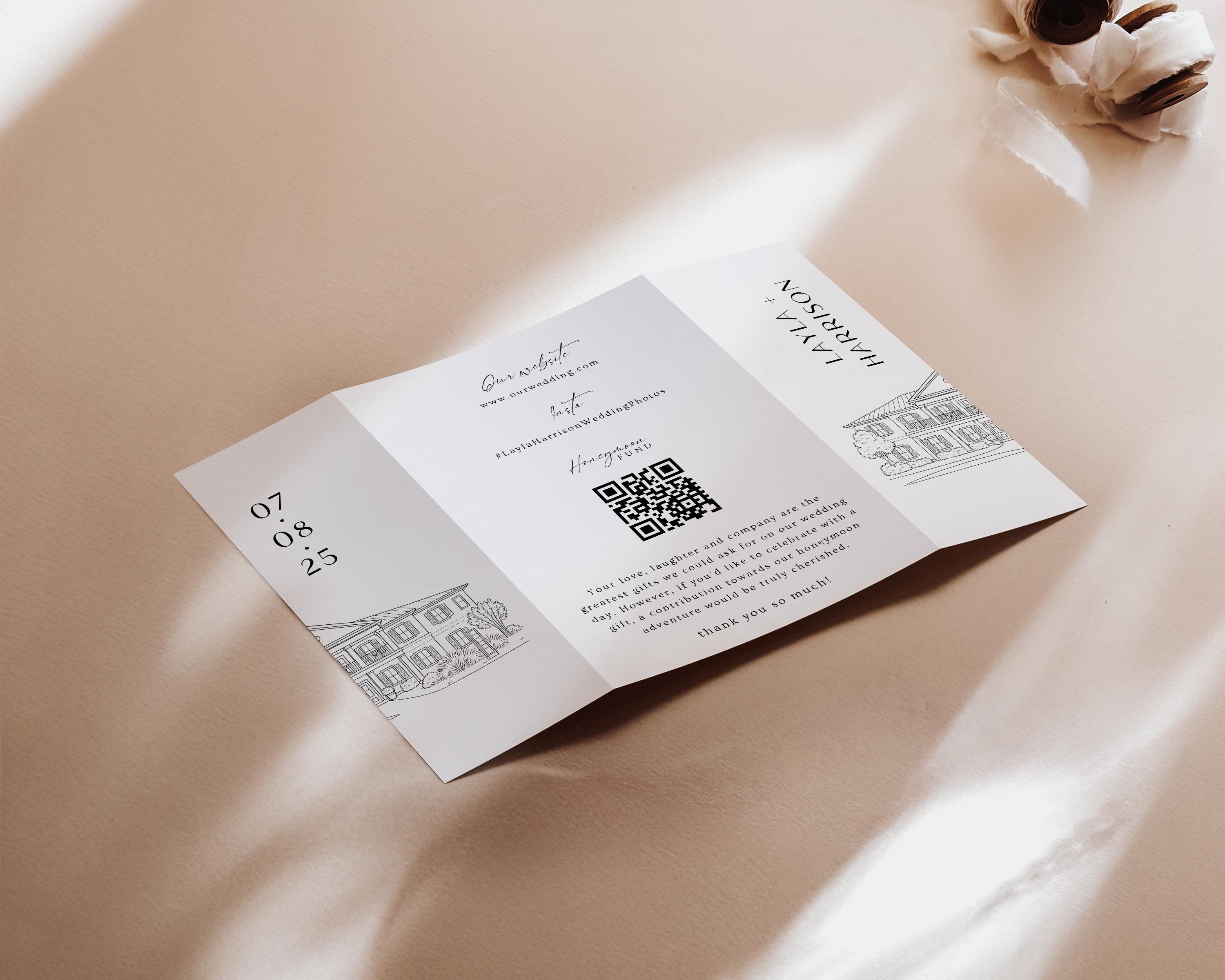 Custom Wedding Venue Illustration Invitation: Line Drawing Gatefold (Canva Template, Digital Download)