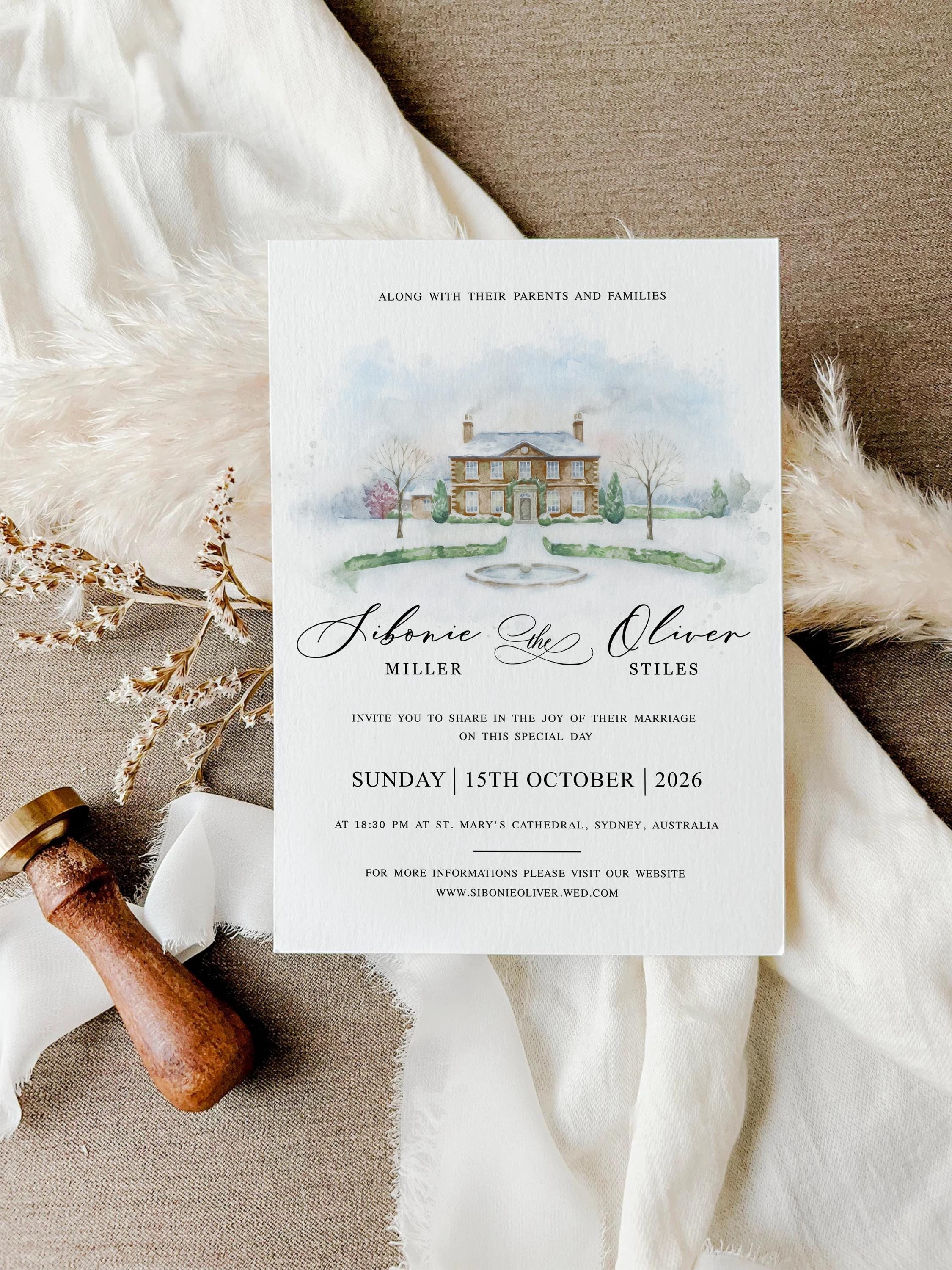 Minimalist Venue Watercolor Wedding Invitations Suite | Venue Illustration Sketch | Editable Canva Template