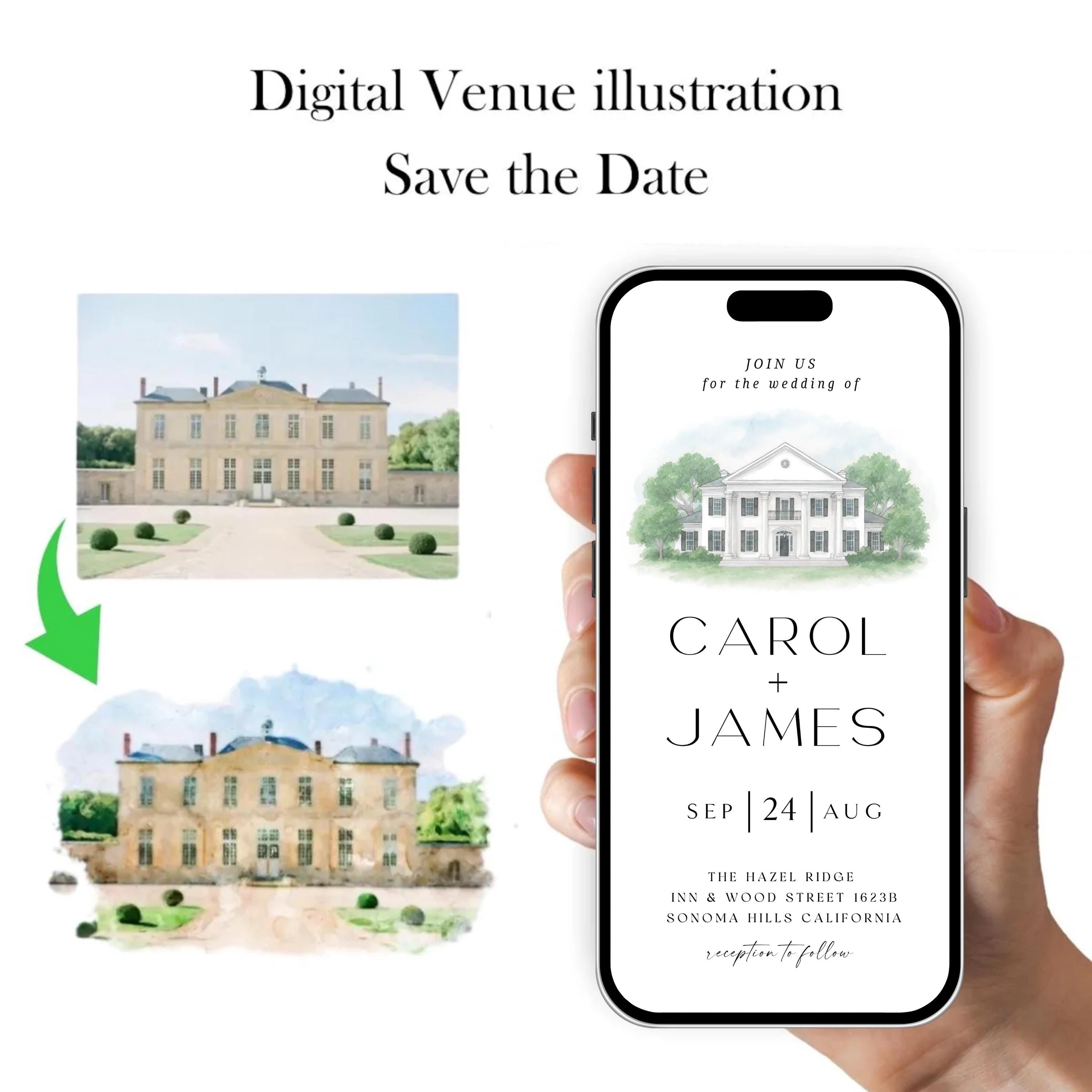 Digital Venue Sketch Save the Date: Watercolor Wedding E-vite (JPEG, PNG, PDF