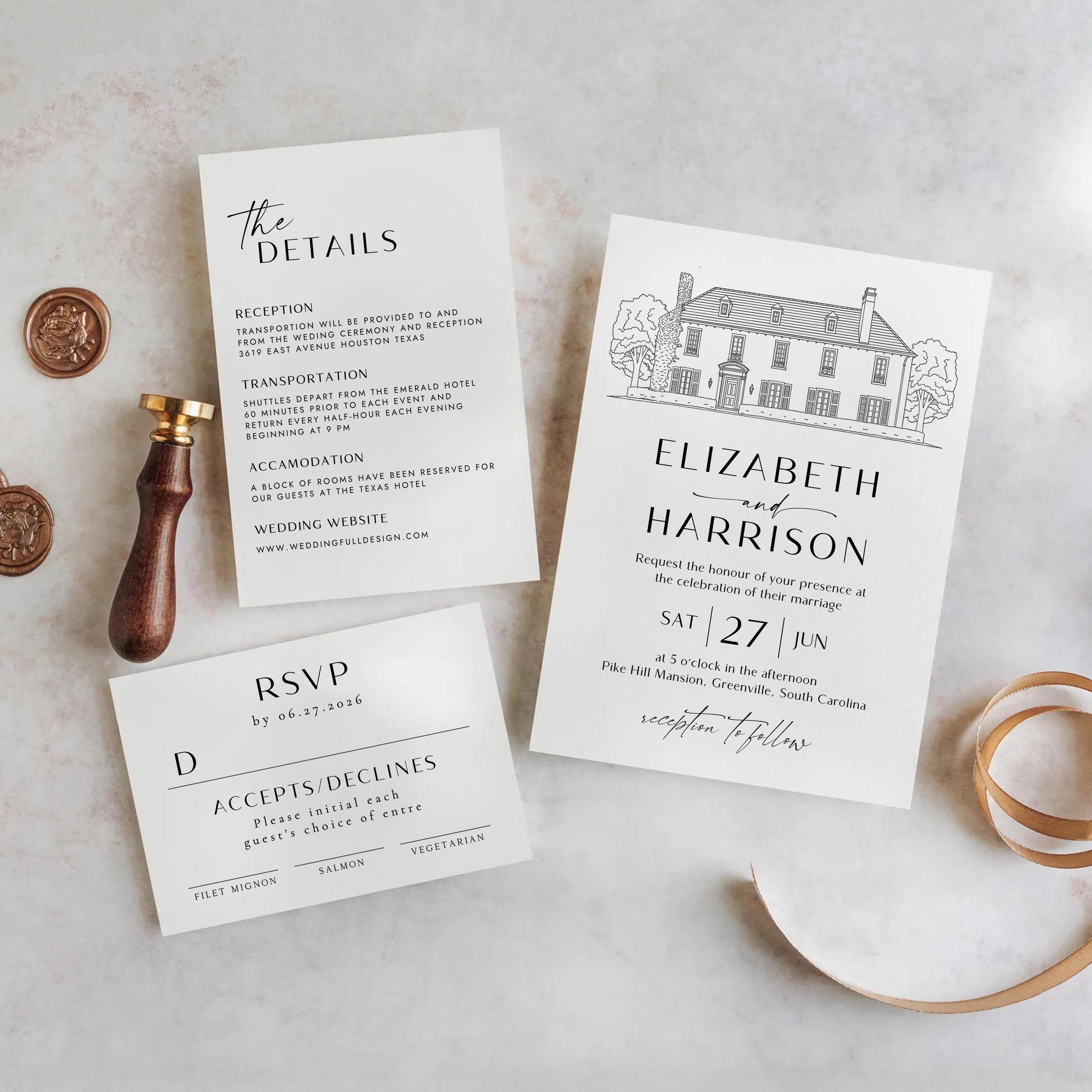 Custom Venue Line Art Wedding Invitation Template (DIY Canva Edit, Digital Download)