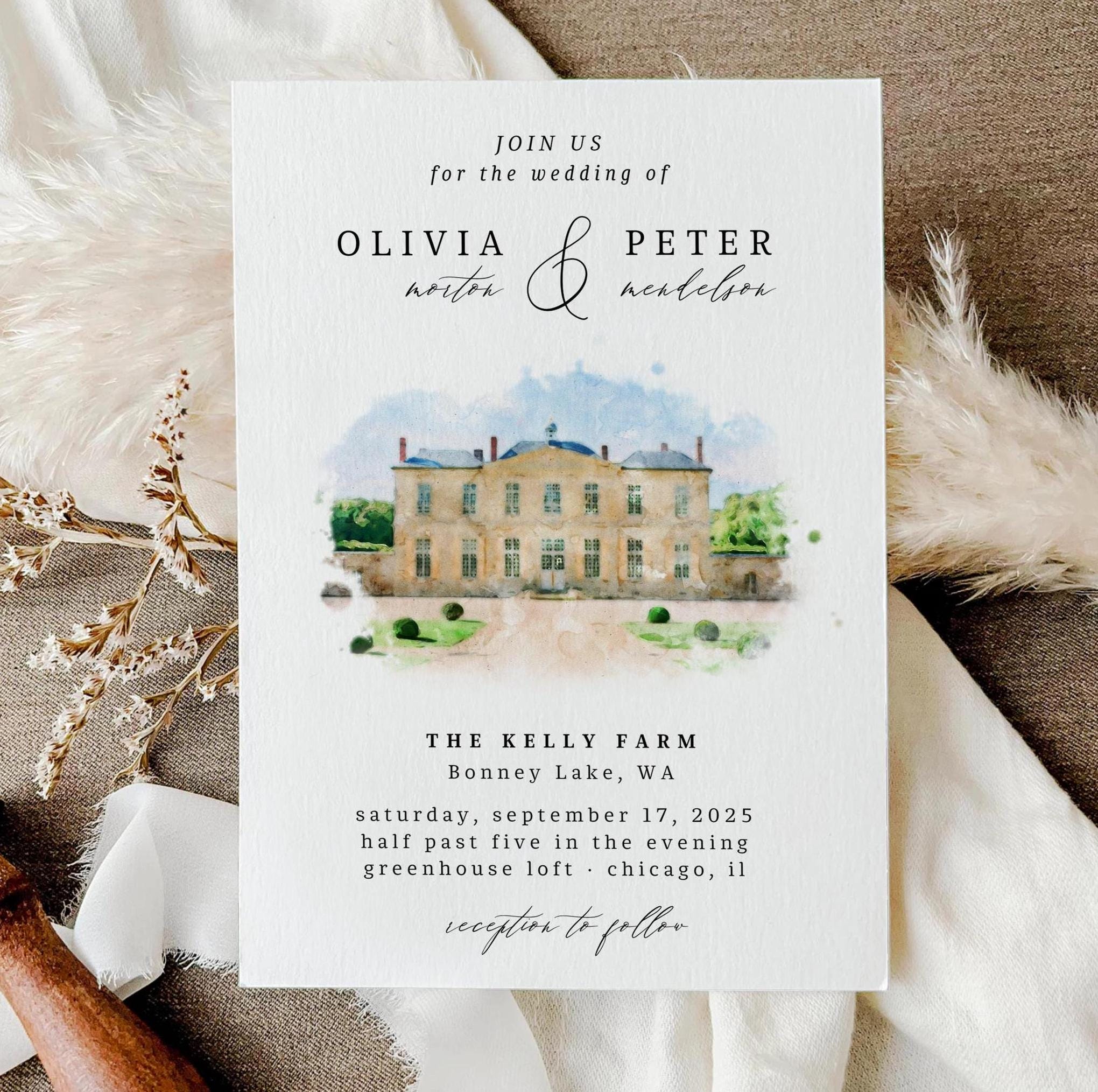 Custom Watercolor Venue Wedding Invitation Template (Digital)