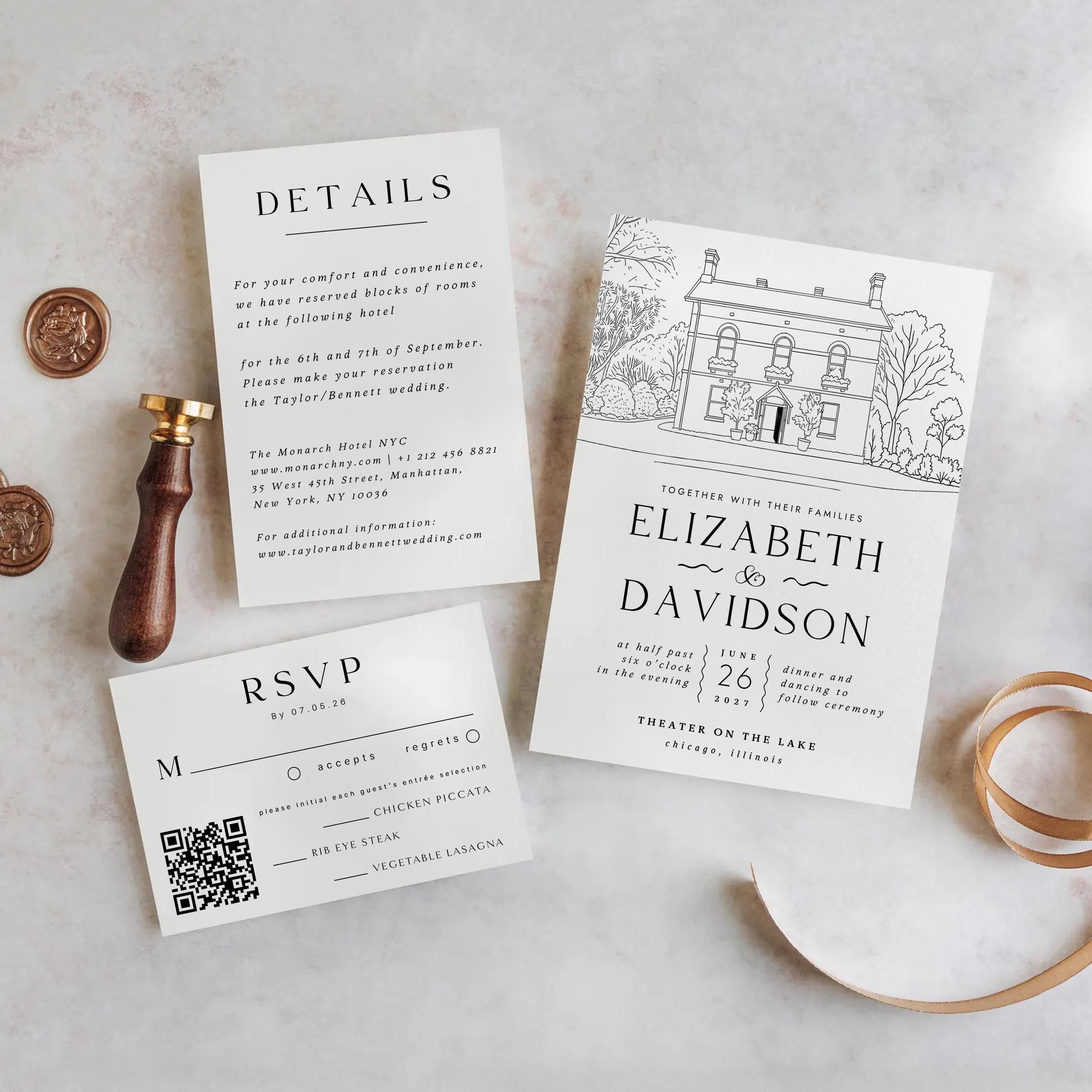 Venue Illustration Wedding Invitation Template: Custom Line Art (Canva Editable, Digital Download )