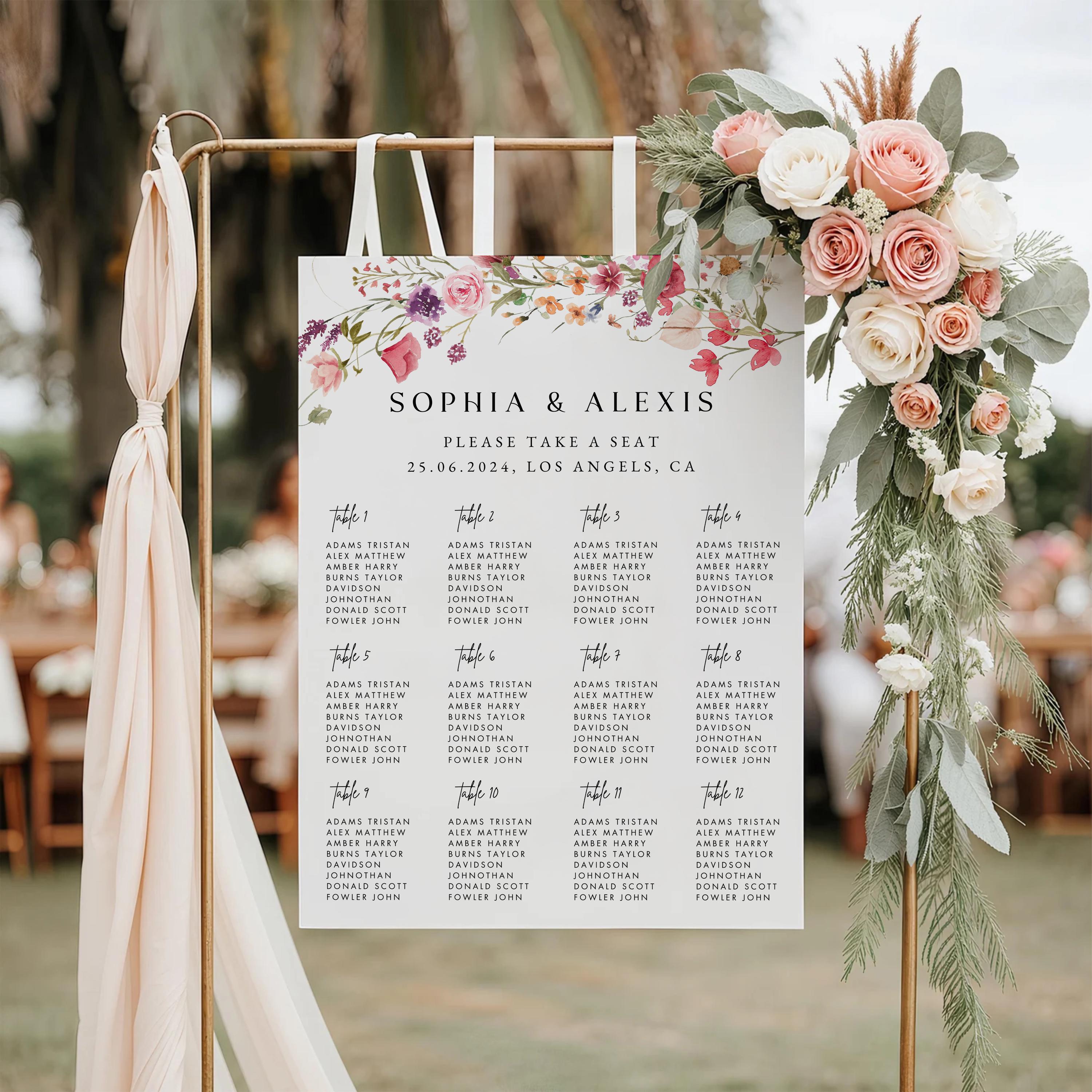 Flowers Wedding Seating Chart Template: Editable Alphabetical Sign (Digital Download)