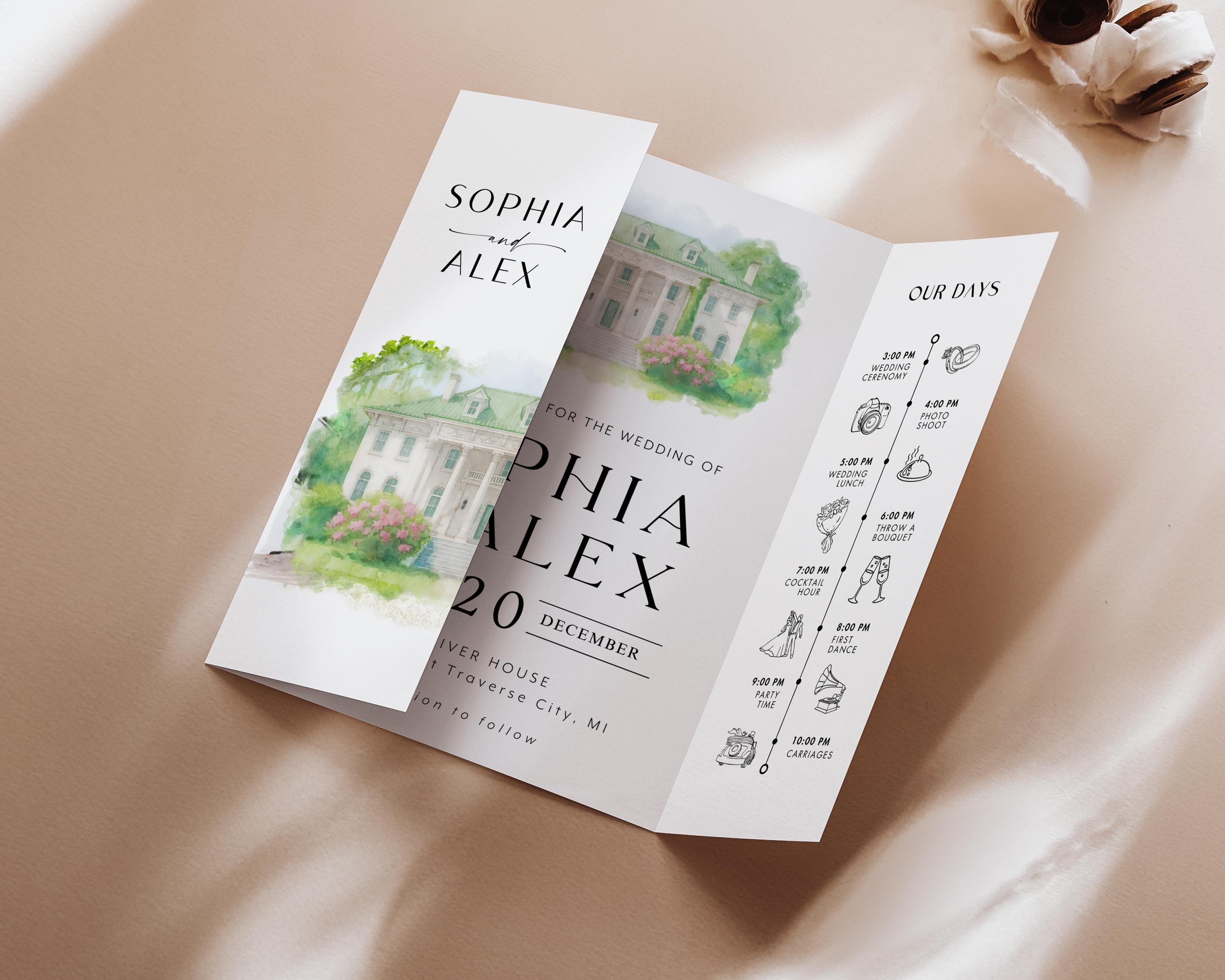 Modern Watercolor Venue Wedding Invitation, Gatefold Canva Template, Custom Editable Invite