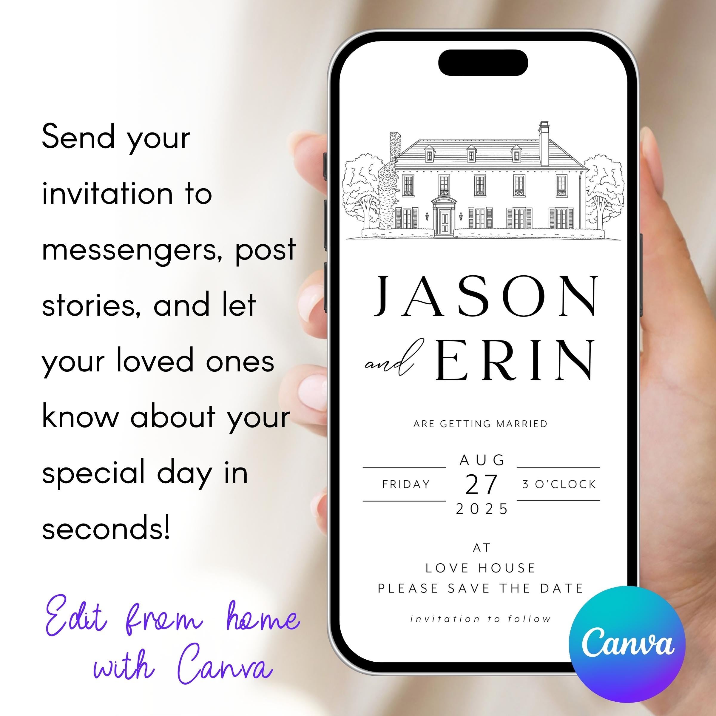 Venue Sketch Save the Date: Digital Wedding Invitation (JPEG, PNG, PDF