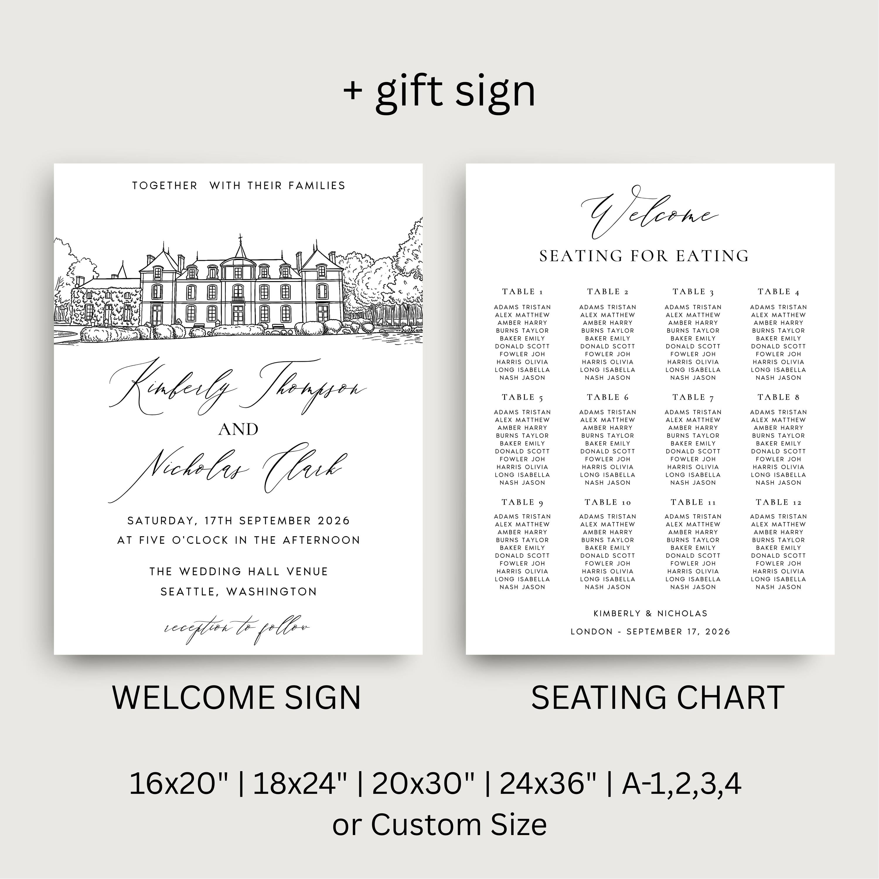 Custom Wedding Venue Lineart Invitation Bundle | Modern Wedding Sketch Illustration Invite | Editable Canva Template
