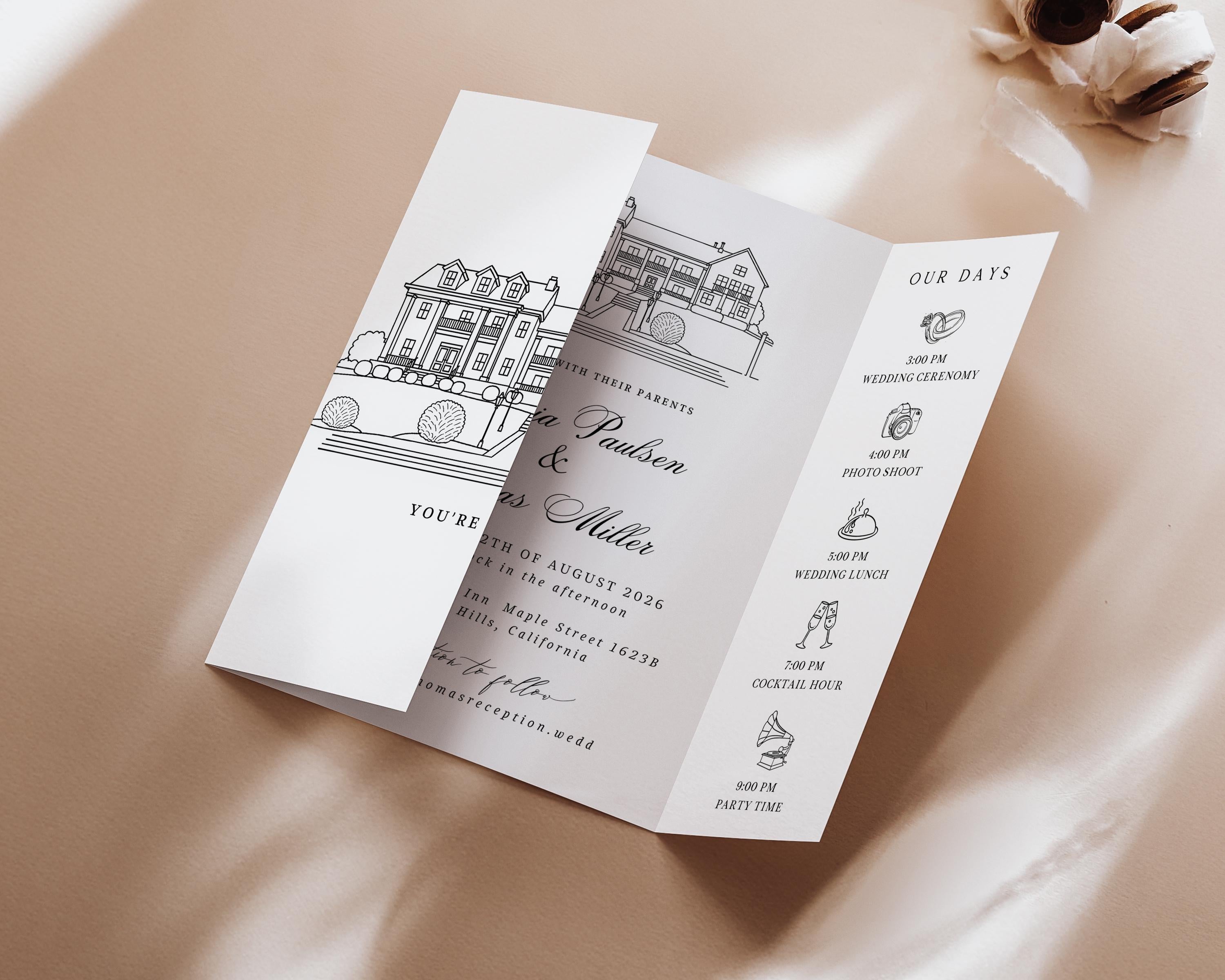 Custom Sketch Venue Gatefold Invitation | Editable Canva Lineart Gatefold Invite | Modern Wedding Template