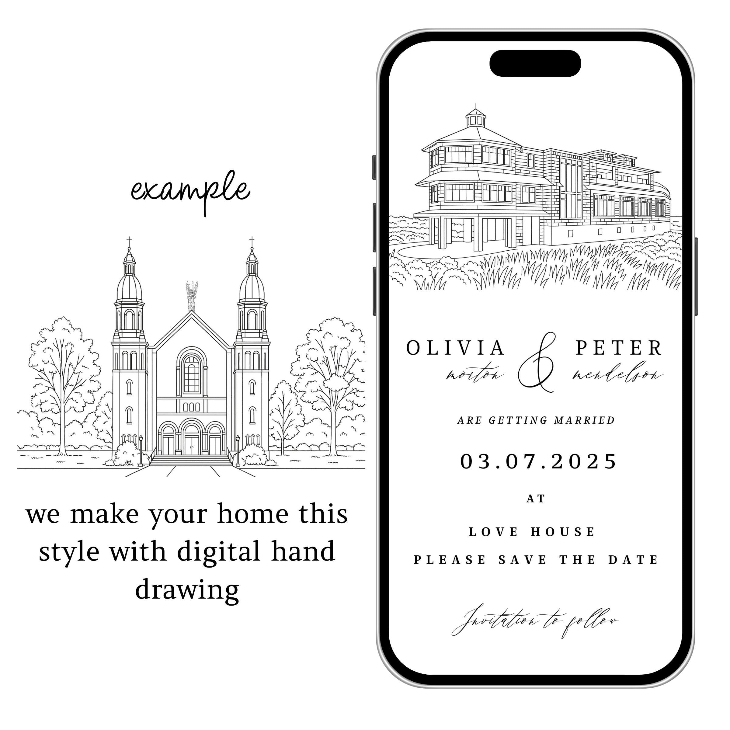 Venue Sketch Save the Date: Digital Wedding Invitation (JPEG, PNG, PDF