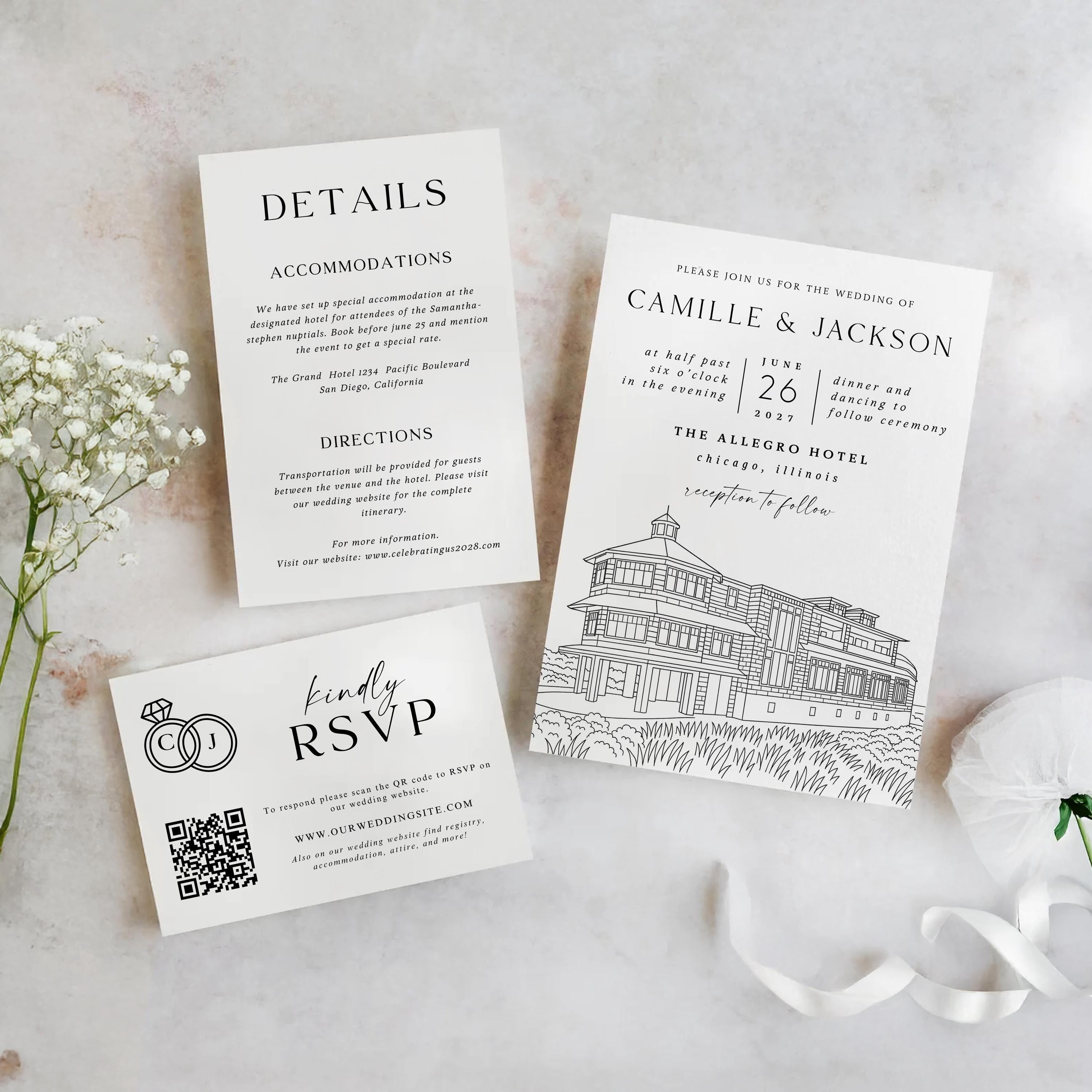 Venue Line Drawing Wedding Invitation: Editable Canva Template