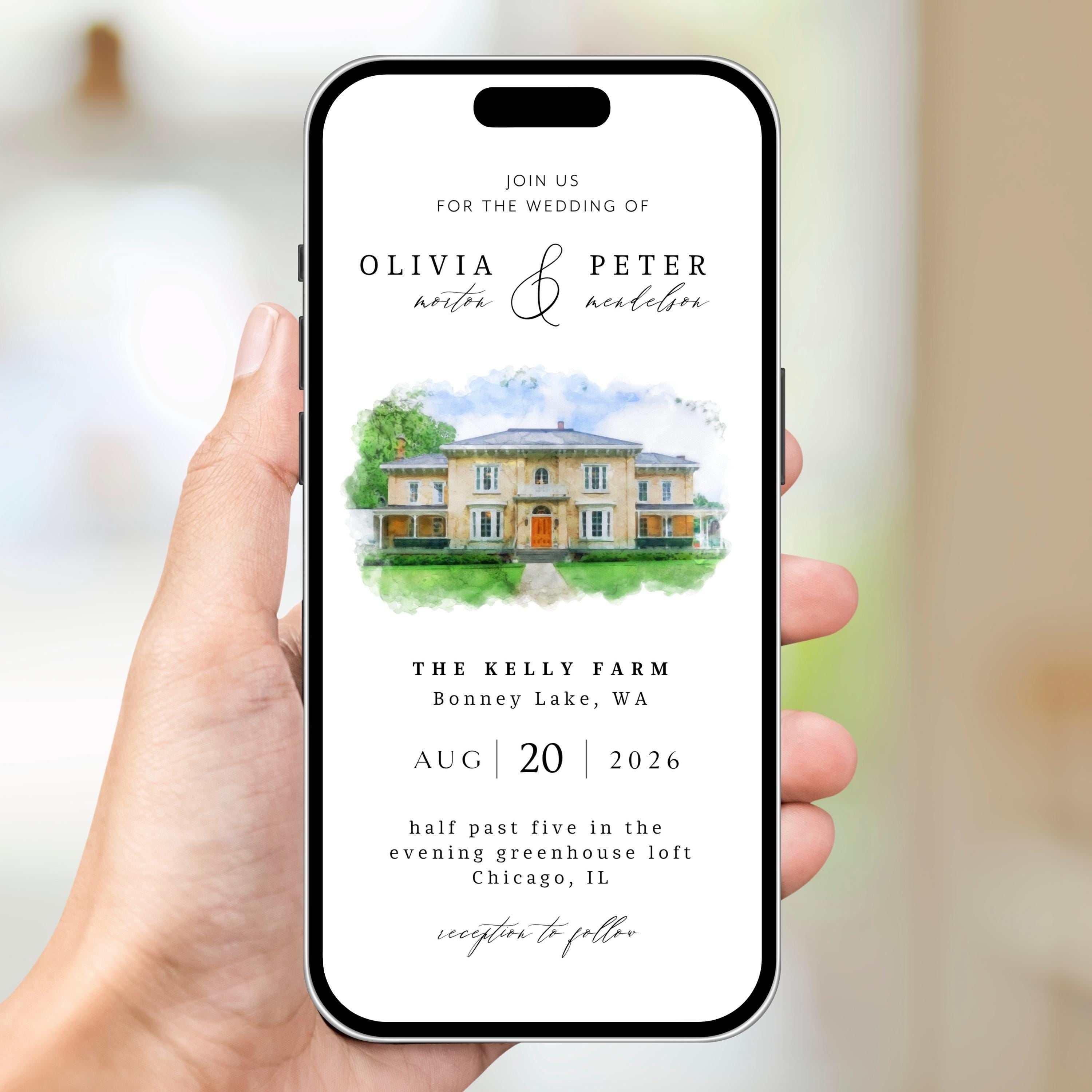 Digital Venue Sketch Save the Date: Watercolor Wedding E-vite (JPEG, PNG, PDF