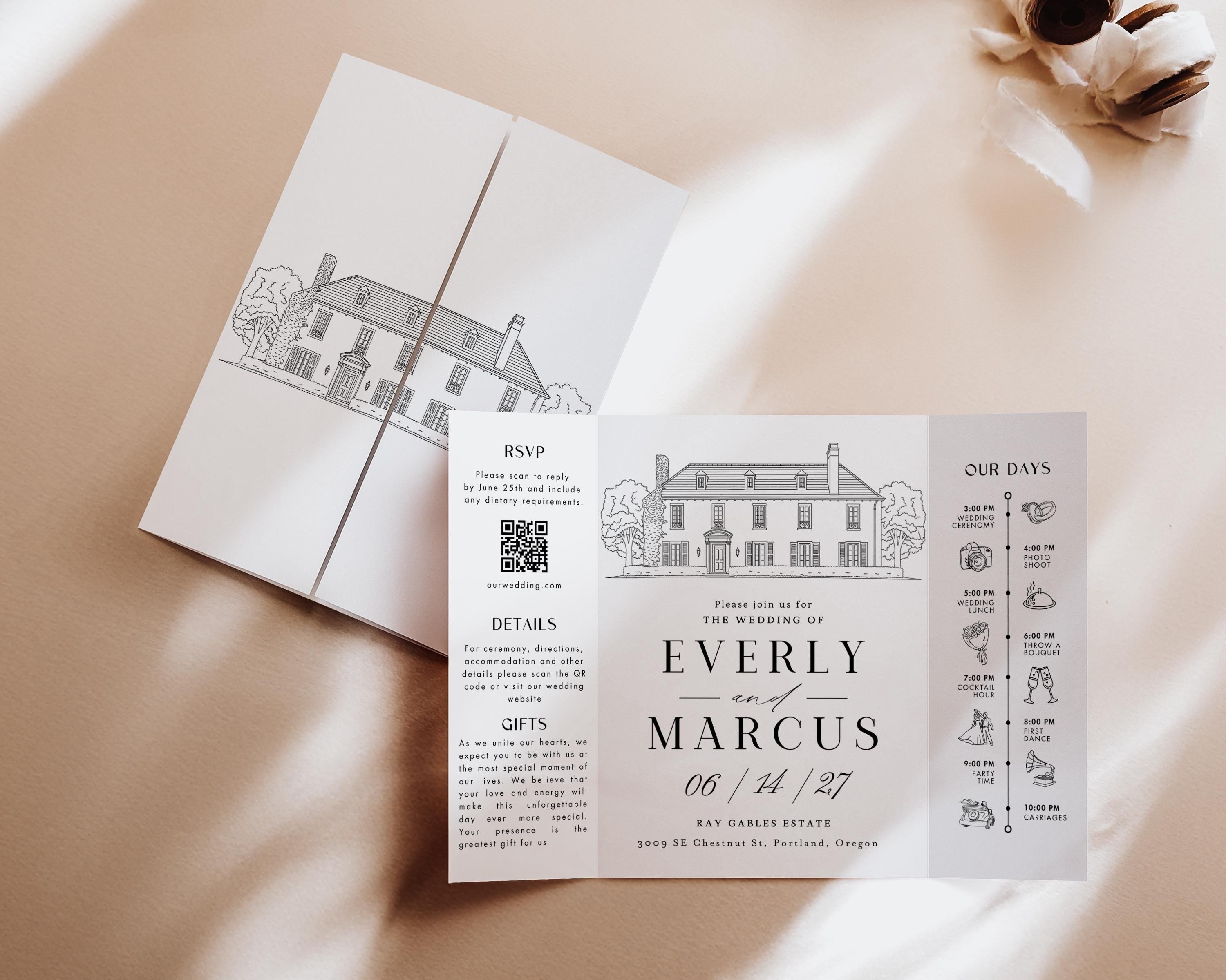 Custom Wedding Venue Illustration Invitation: Line Drawing Gatefold Template