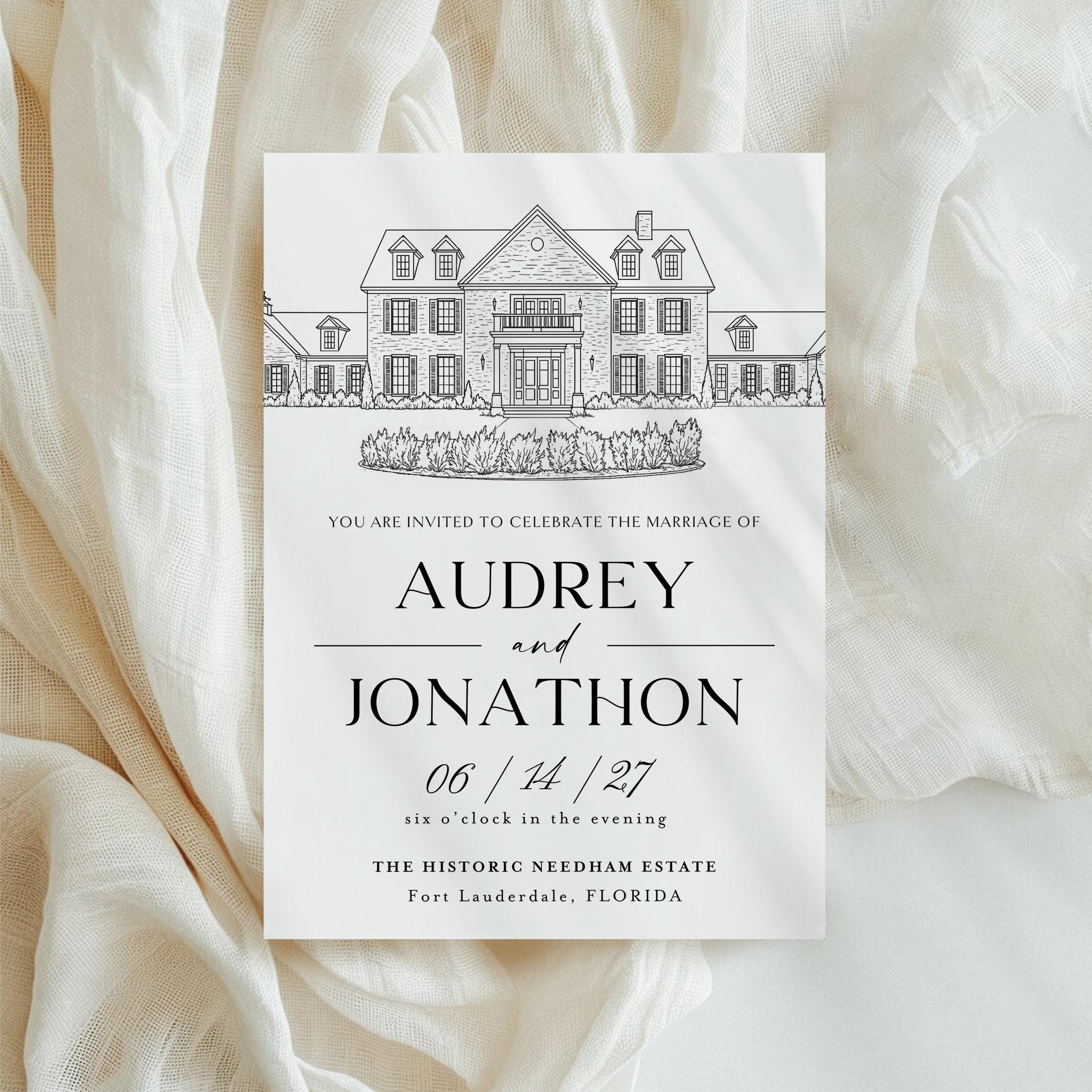 Wedding Venue Line Art Invitation: Custom Venue Sketch (Canva Template, Digital Download)