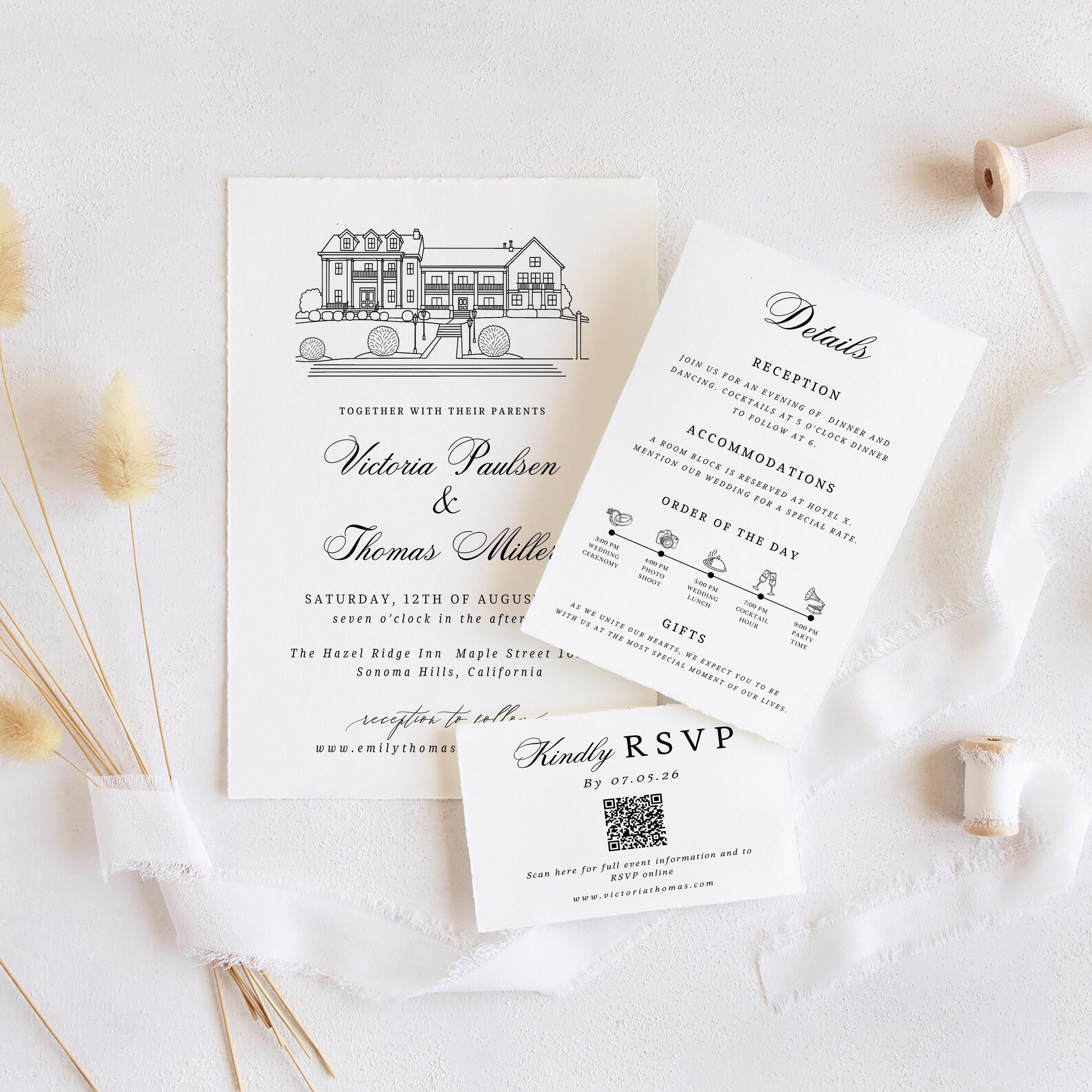 Custom wedding Venue Sketch Invitation set | Invite Venue Illustration Stationery | Editable DIY Canva Template