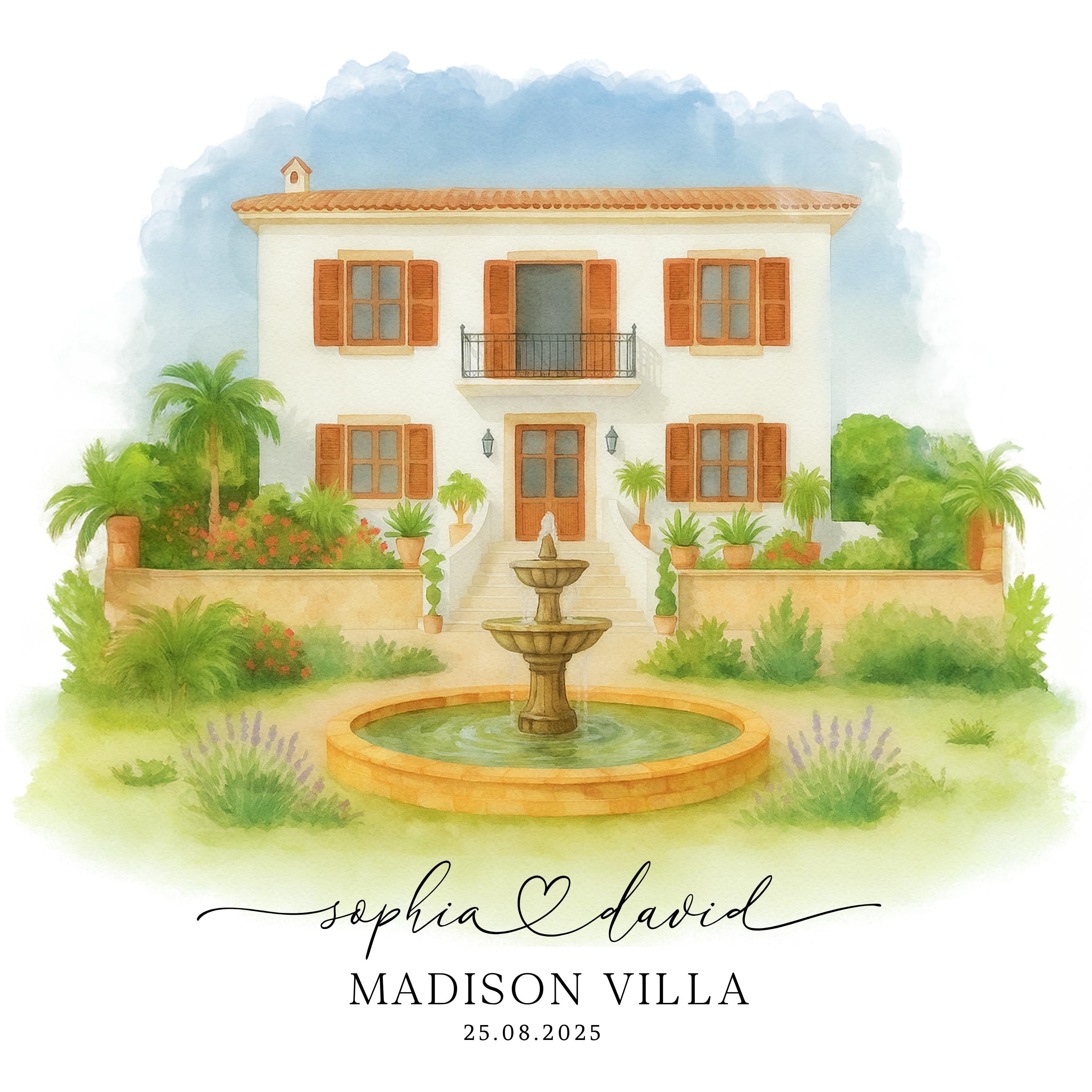 Custom Wedding Venue Watercolor Illustration: Digital Painting Print