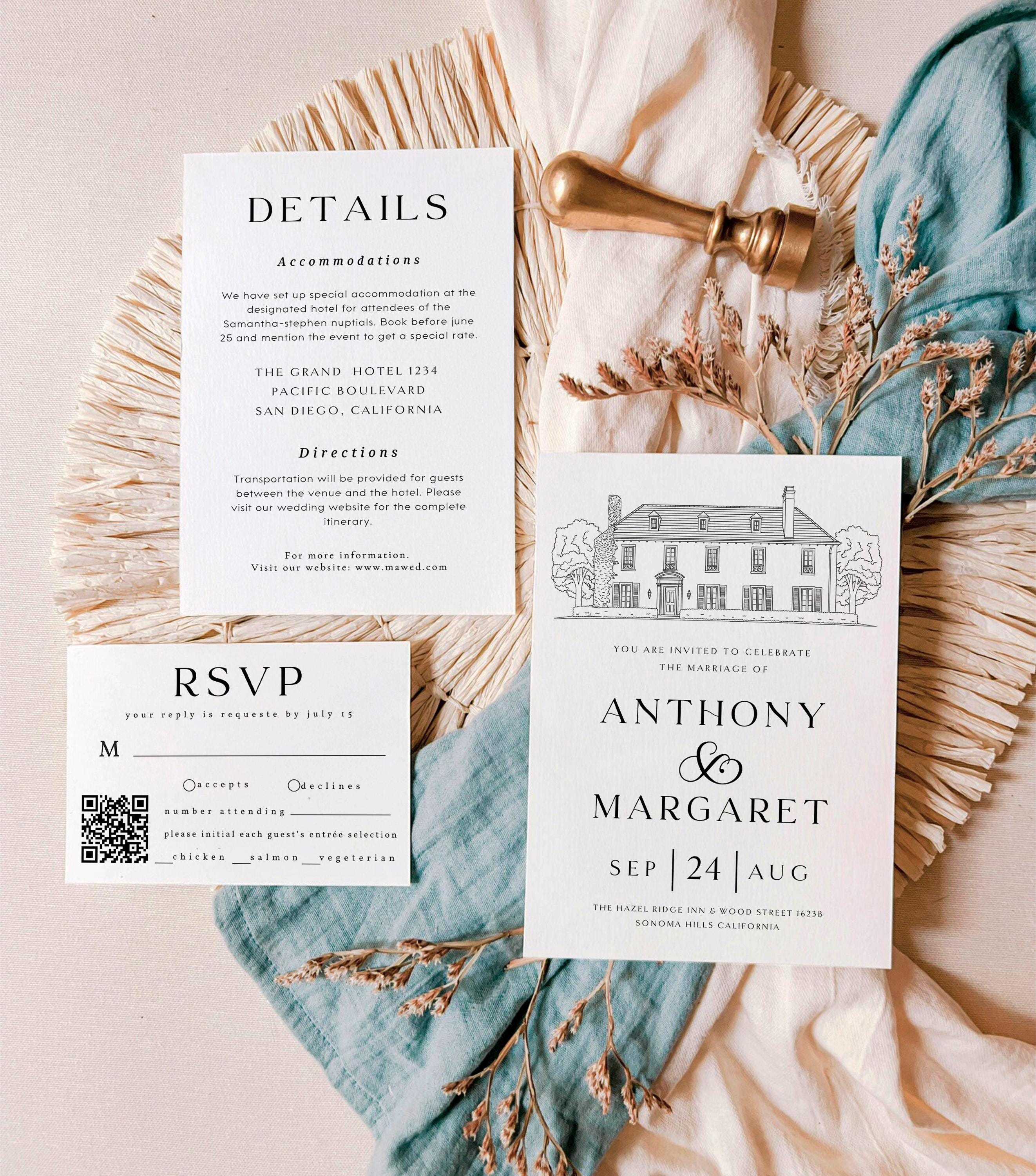 Custom Venue Line Art Wedding Invitation Template (DIY Canva Edit, Digital Download)