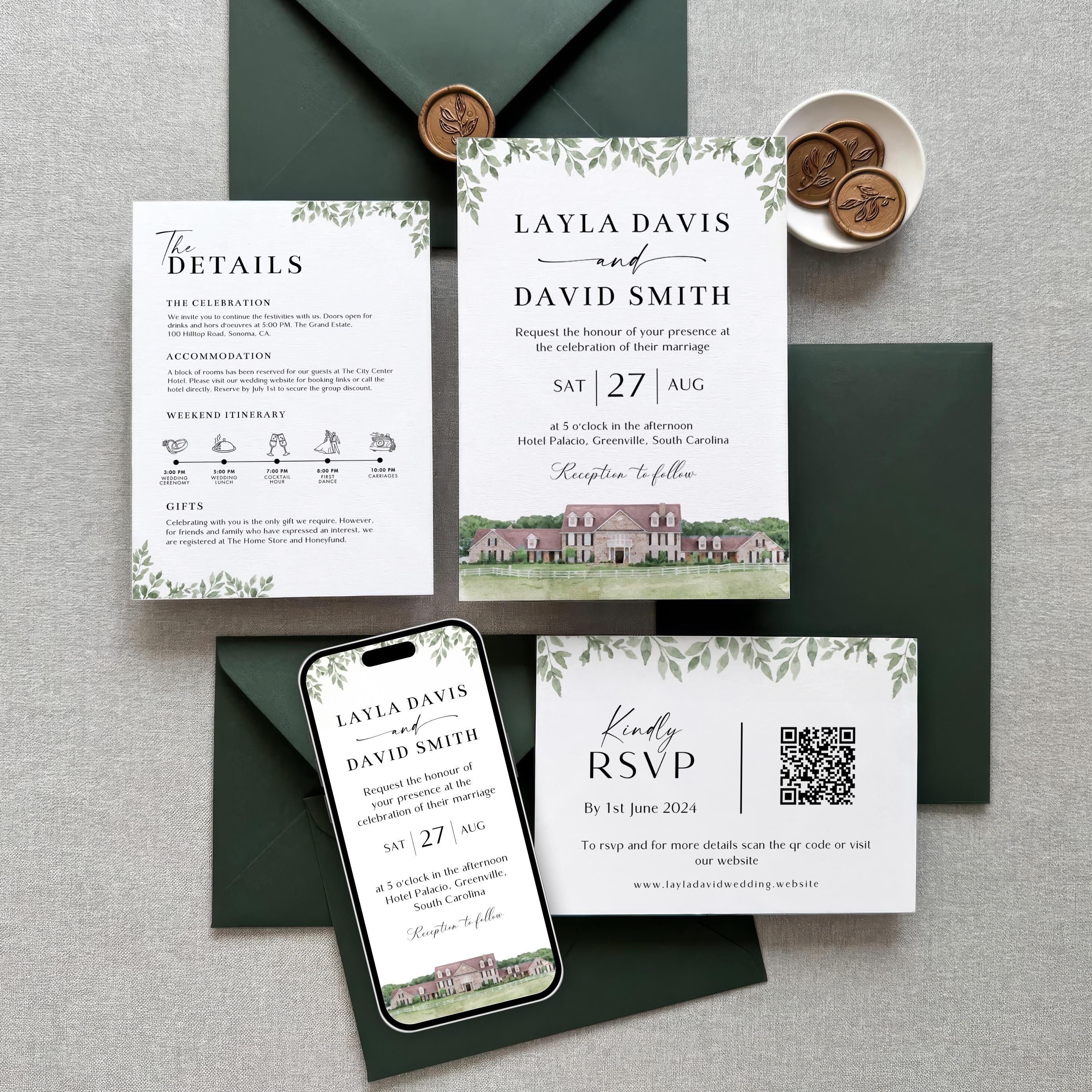 Custom Watercolor Venue Wedding Invitation set | Editable Canva Invite Template | Modern Wedding Illustration