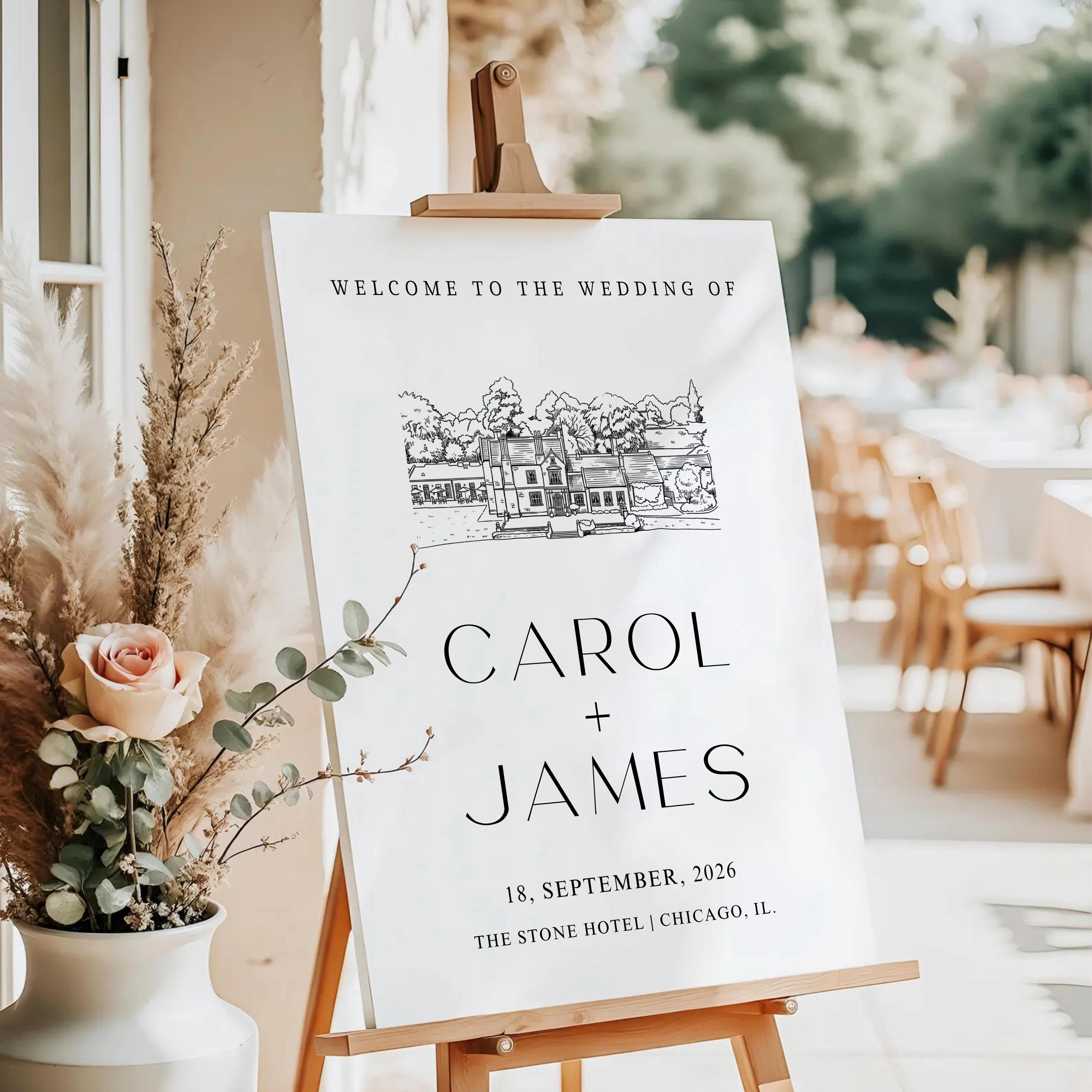 Custom Venue Lineart Invitation Suite | Editable Modern Wedding Invite Canva Template, Wedding Stationery Bundle